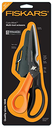 Fiskars Cuts + More Multi-tool Scissors, Includes Protective Case With Scissor Sharpener, Length: 23 cm, Titanium Coating, Stainless Steel Blade/Plastic Handles, Black/Orange, 1000809