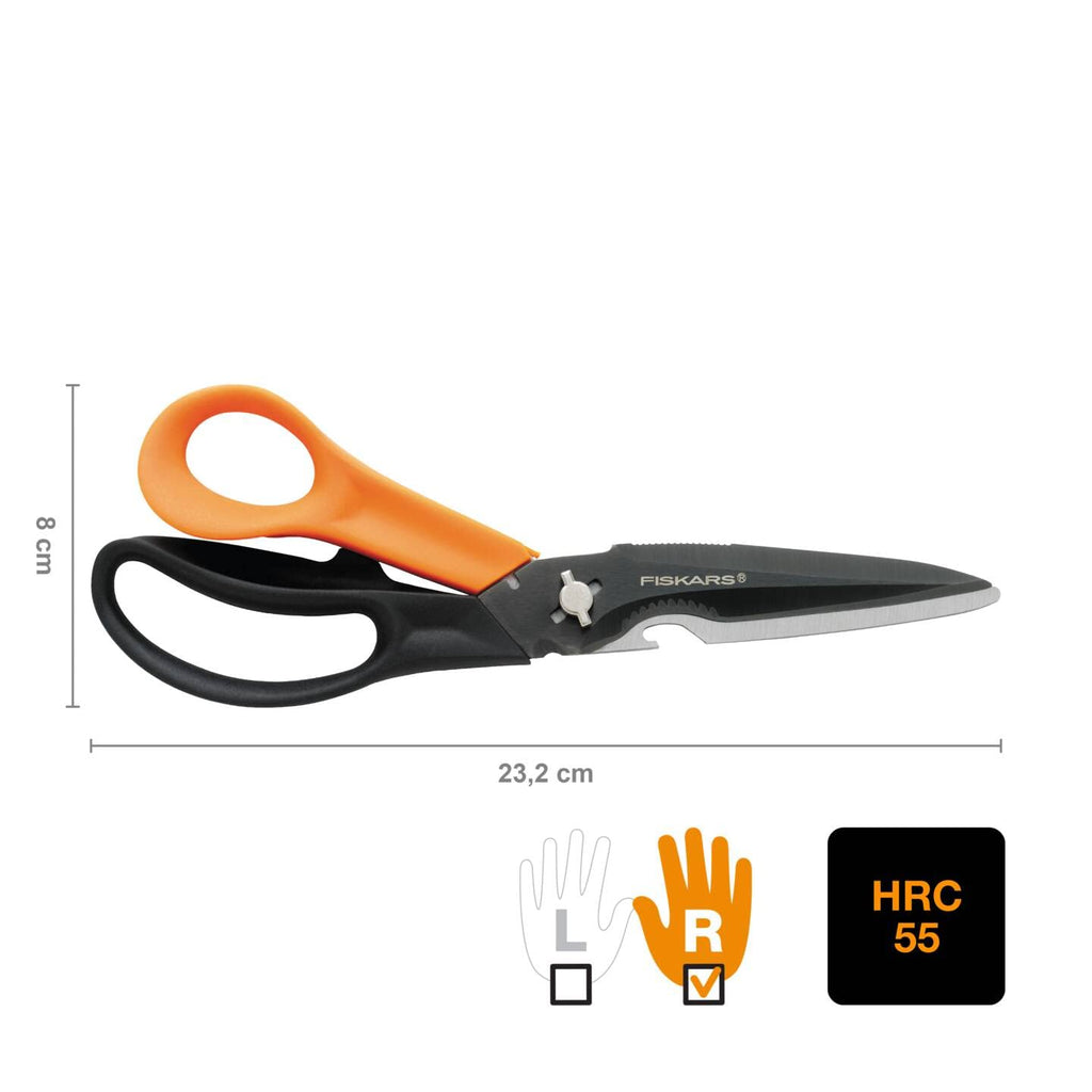 Fiskars Cuts + More Multi-tool Scissors, Includes Protective Case With Scissor Sharpener, Length: 23 cm, Titanium Coating, Stainless Steel Blade/Plastic Handles, Black/Orange, 1000809