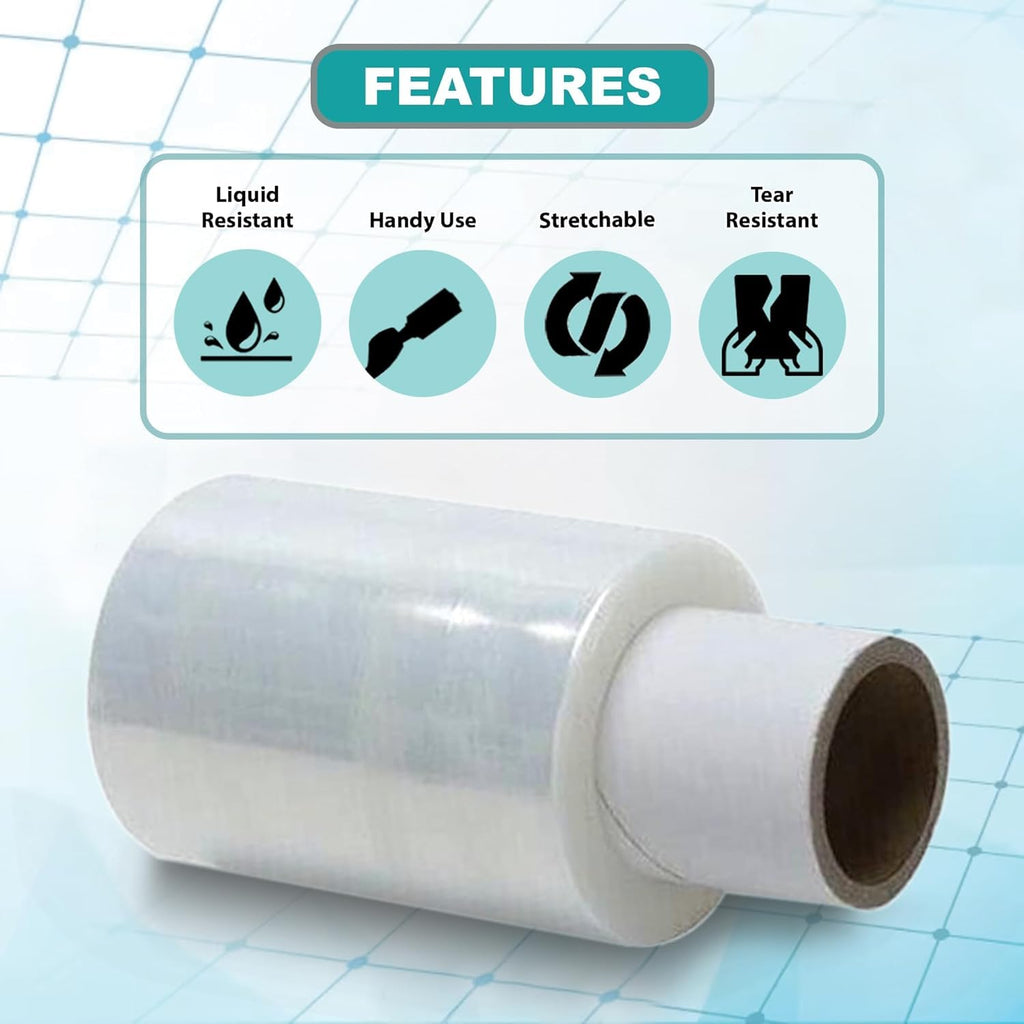 JeeJaan® 6 Rolls Clear Mini Handy Shrink Wrap 100mm x 150m 17mu - Extended Core Self-Adhering Pallet Stretch Wrapper - Heavy Duty Plastic Wrap for Moving House Furniture Wrapping Film