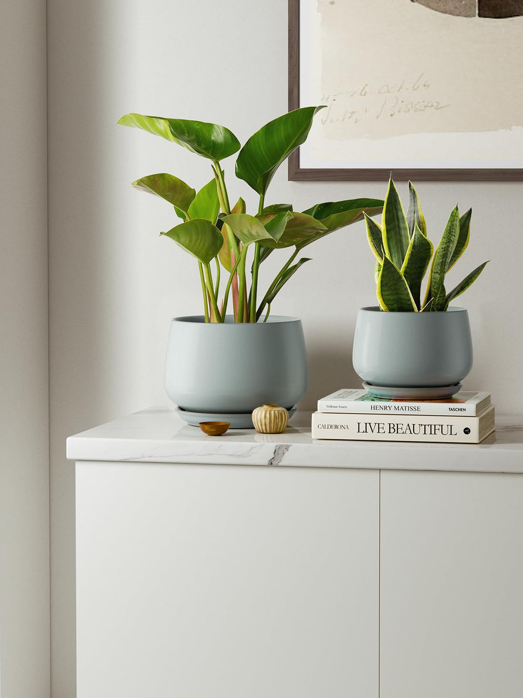 LE TAUCI Plant Pots, 10+13+16 cm Planters, Set of 3 Ceramic Planters with Drainage Hole and Saucer, Indoor Plant Pot with Hole Mesh Pad, Gifts for Mom, Sapphire Blue