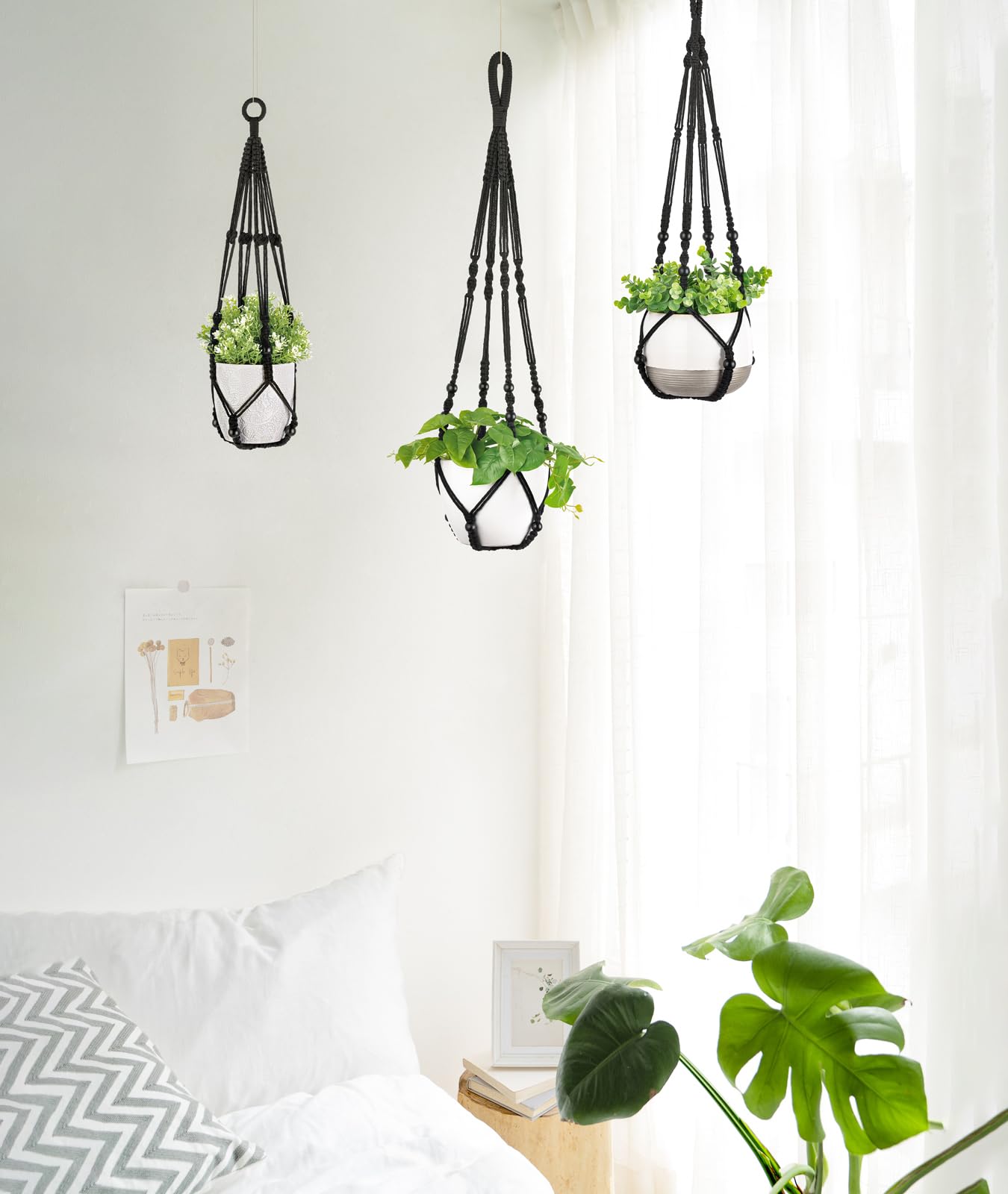 Mkouo 3 Pack Macrame Plant Hangers Indoor Hanging Planter Basket Flower Pot Holder Cotton Rope with Beads No Tassels, 58cm/73cm/89cm
