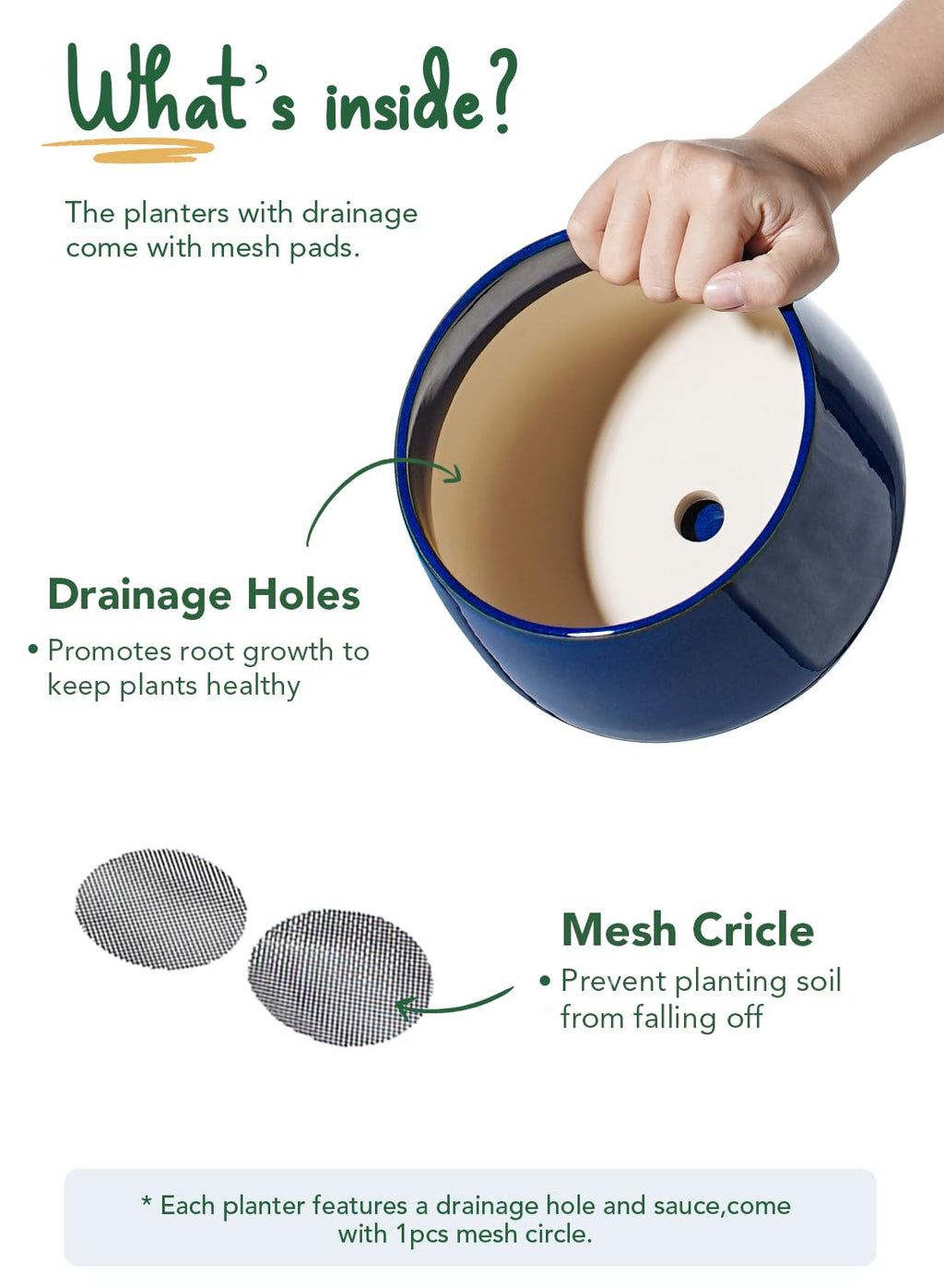 LE TAUCI Plant Pots, 10+13+16 cm Planters, Set of 3 Ceramic Planters with Drainage Hole and Saucer, Indoor Plant Pot with Hole Mesh Pad, Gifts for Mom, Sapphire Blue
