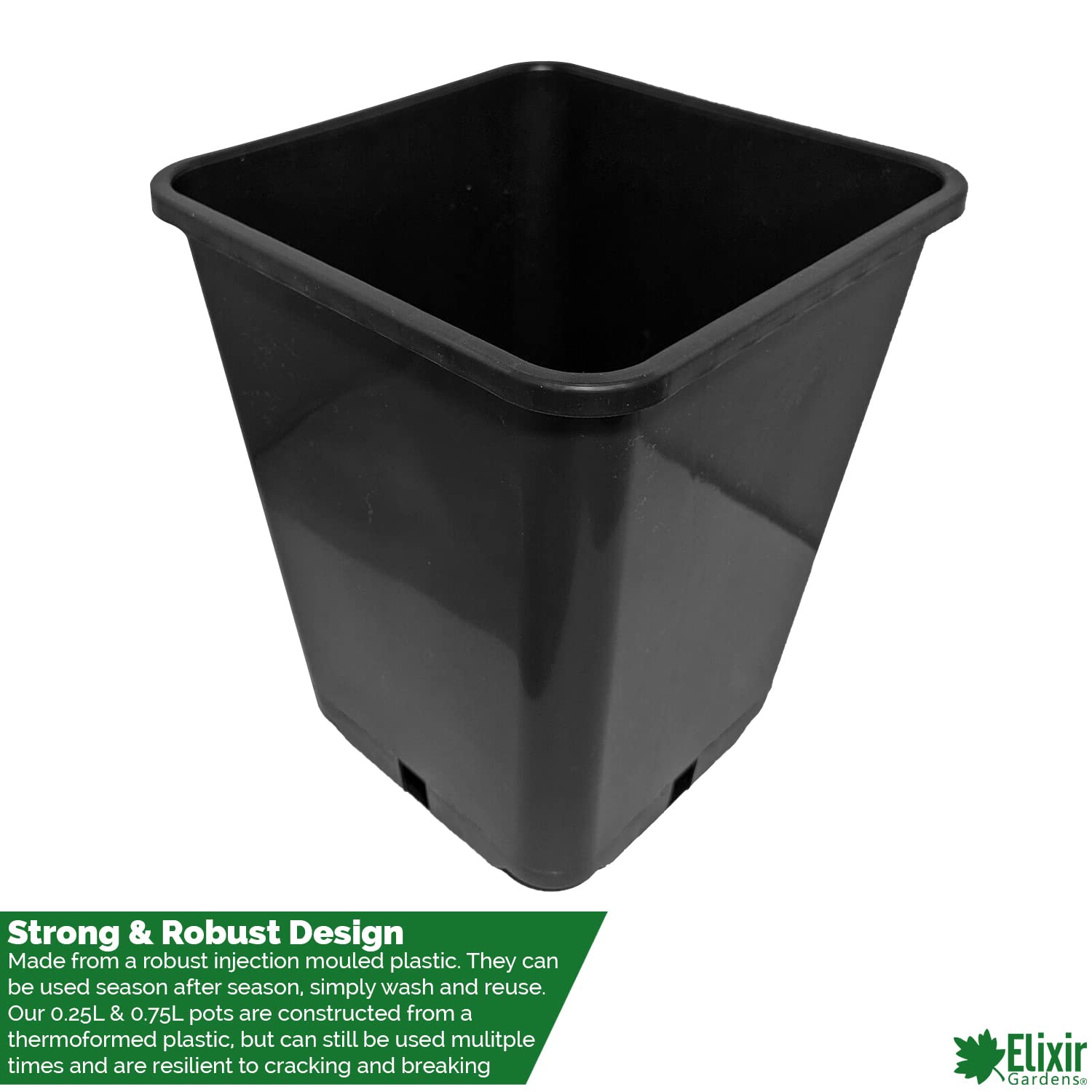 Elixir Gardens | Square Plant Pot Recycled Plastic Re-useable Plant Pots | 7cm, 1/4L / 9cm, 3/4L / 11cm, 1L Available | 11cm / 1L x 40