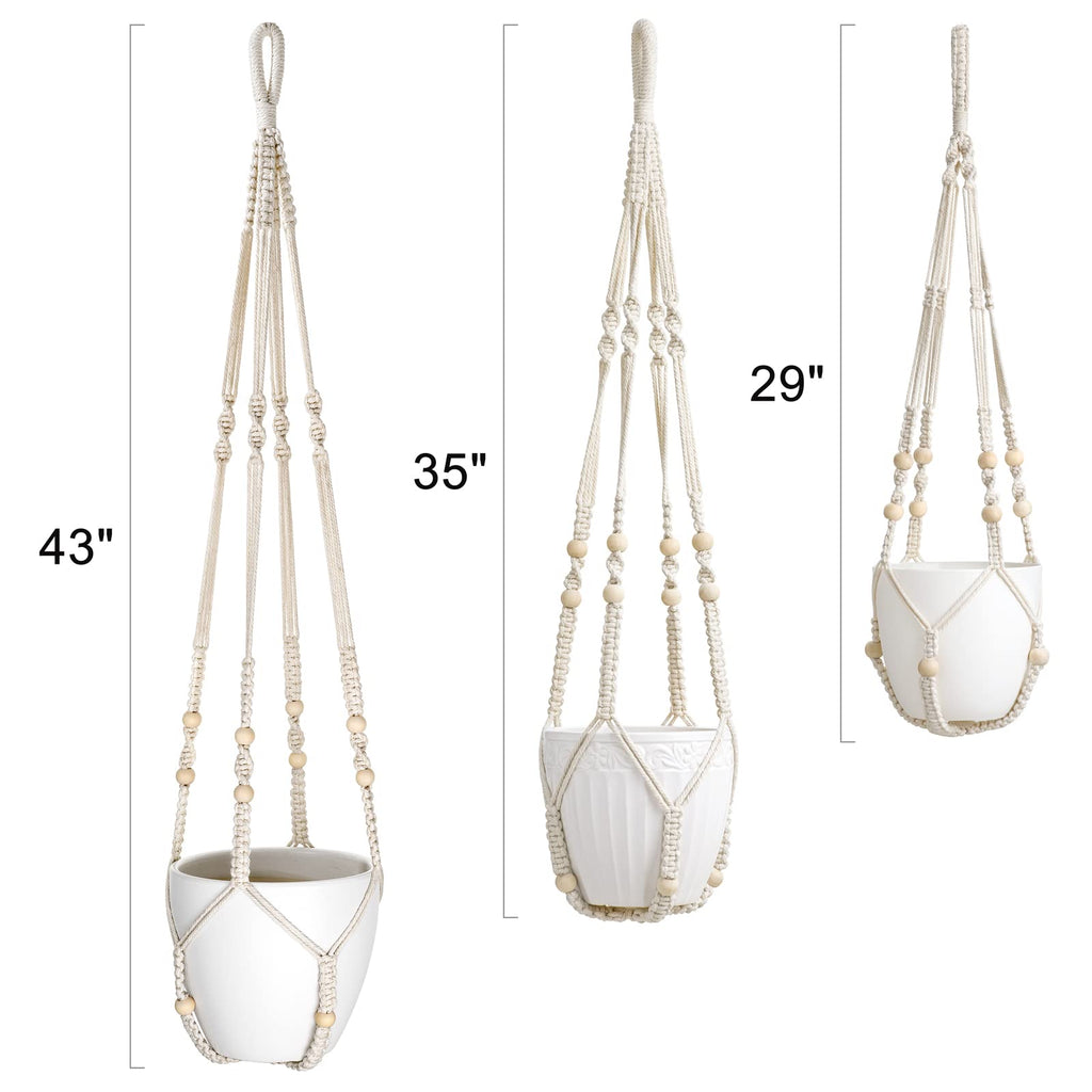 Mkouo 3 Pack Macrame Plant Hangers Indoor Hanging Planter Basket Flower Pot Holder Cotton Rope with Beads No Tassels, 58cm/73cm/89cm