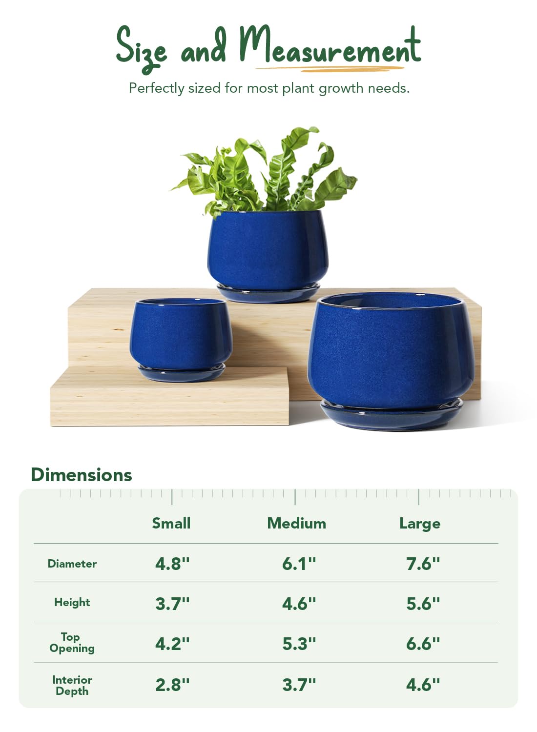LE TAUCI Plant Pots, 10+13+16 cm Planters, Set of 3 Ceramic Planters with Drainage Hole and Saucer, Indoor Plant Pot with Hole Mesh Pad, Gifts for Mom, Sapphire Blue