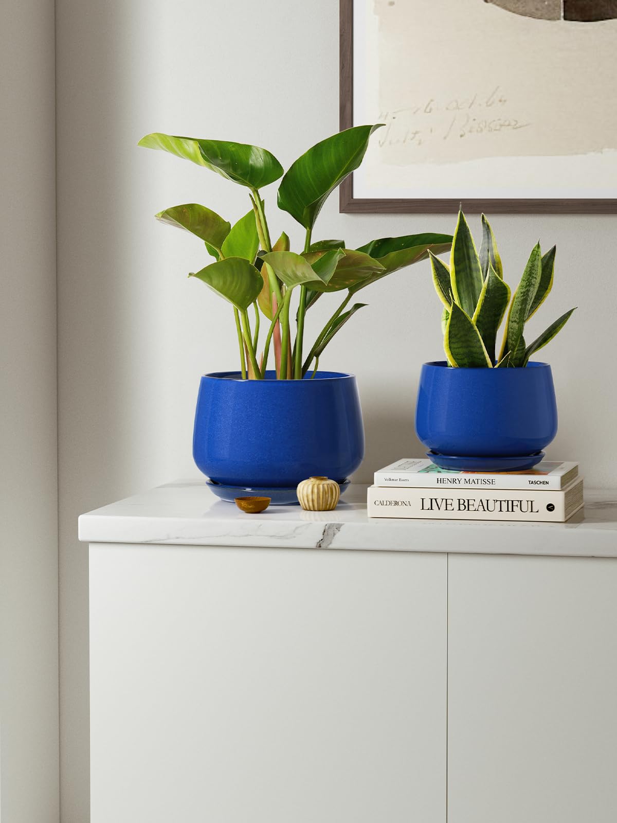 LE TAUCI Plant Pots, 10+13+16 cm Planters, Set of 3 Ceramic Planters with Drainage Hole and Saucer, Indoor Plant Pot with Hole Mesh Pad, Gifts for Mom, Sapphire Blue