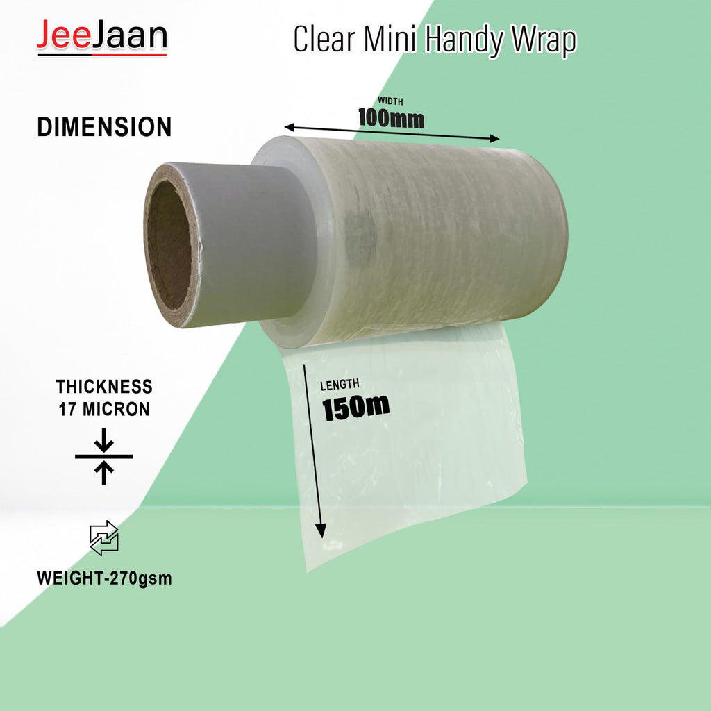JeeJaan® 6 Rolls Clear Mini Handy Shrink Wrap 100mm x 150m 17mu - Extended Core Self-Adhering Pallet Stretch Wrapper - Heavy Duty Plastic Wrap for Moving House Furniture Wrapping Film