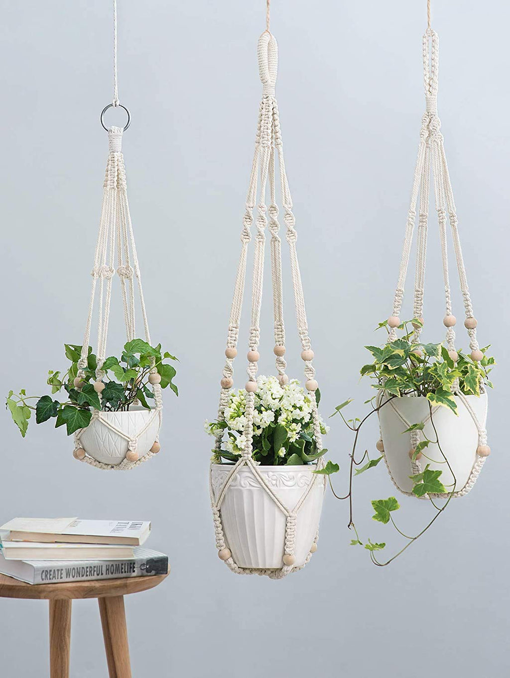 Mkouo 3 Pack Macrame Plant Hangers Indoor Hanging Planter Basket Flower Pot Holder Cotton Rope with Beads No Tassels, 58cm/73cm/89cm