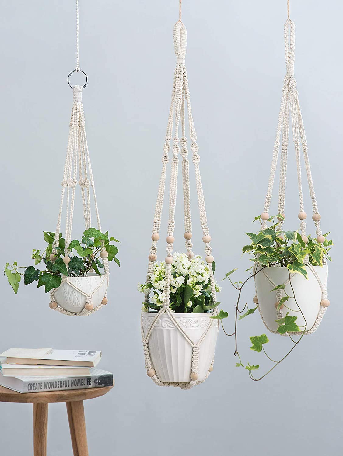 Mkouo 3 Pack Macrame Plant Hangers Indoor Hanging Planter Basket Flower Pot Holder Cotton Rope with Beads No Tassels, 58cm/73cm/89cm