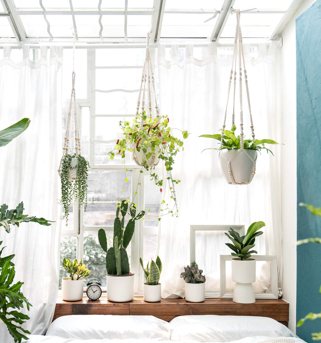 Mkouo 3 Pack Macrame Plant Hangers Indoor Hanging Planter Basket Flower Pot Holder Cotton Rope with Beads No Tassels, 58cm/73cm/89cm