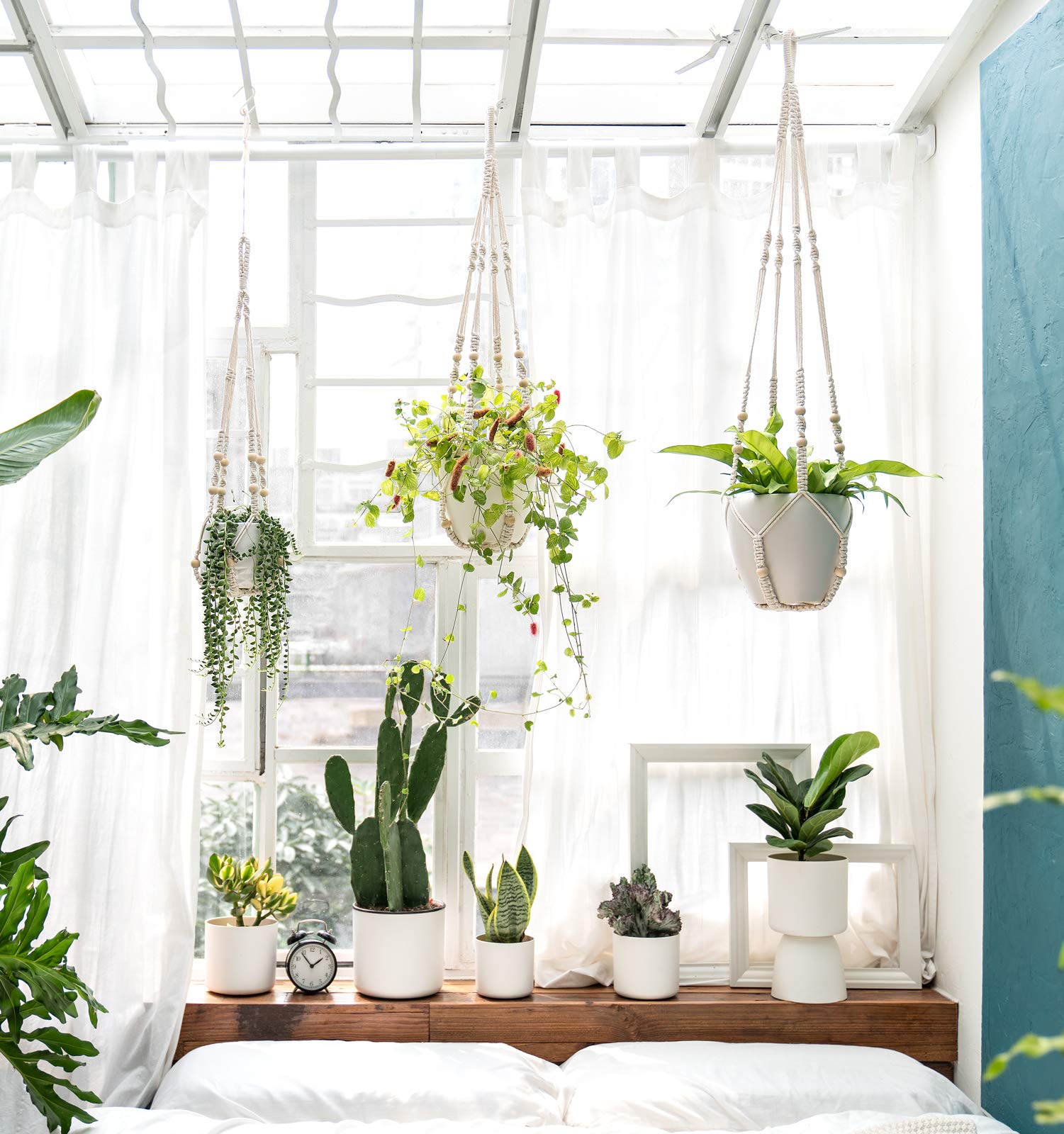 Mkouo 3 Pack Macrame Plant Hangers Indoor Hanging Planter Basket Flower Pot Holder Cotton Rope with Beads No Tassels, 58cm/73cm/89cm