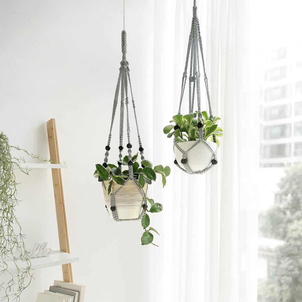 Mkouo 3 Pack Macrame Plant Hangers Indoor Hanging Planter Basket Flower Pot Holder Cotton Rope with Beads No Tassels, 58cm/73cm/89cm