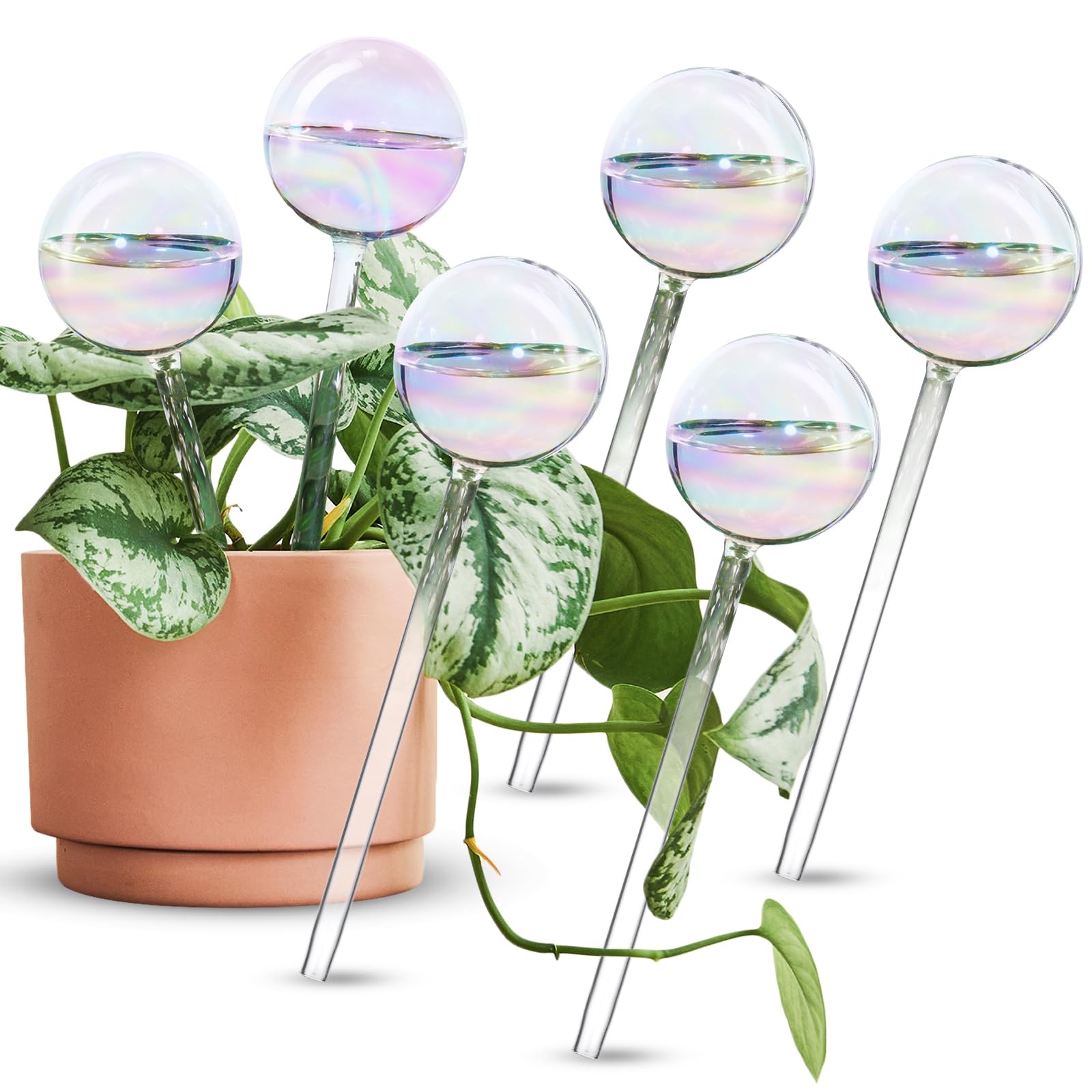 [2 PCS] Light Iridescent Rainbow Gradient Color Clear Glass Self-Watering System Spikes, Self Watering Globes, Self Watering Bulbs, Automatic Plant Waterer Bulbs