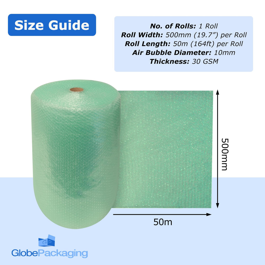 Globe Packaging 500mm x 50m Green Biodegradable Bubble Wrap Roll with Small Air Bubbles - Cushioning & Protection Packaging for Moving House, Ecommerce and Storage