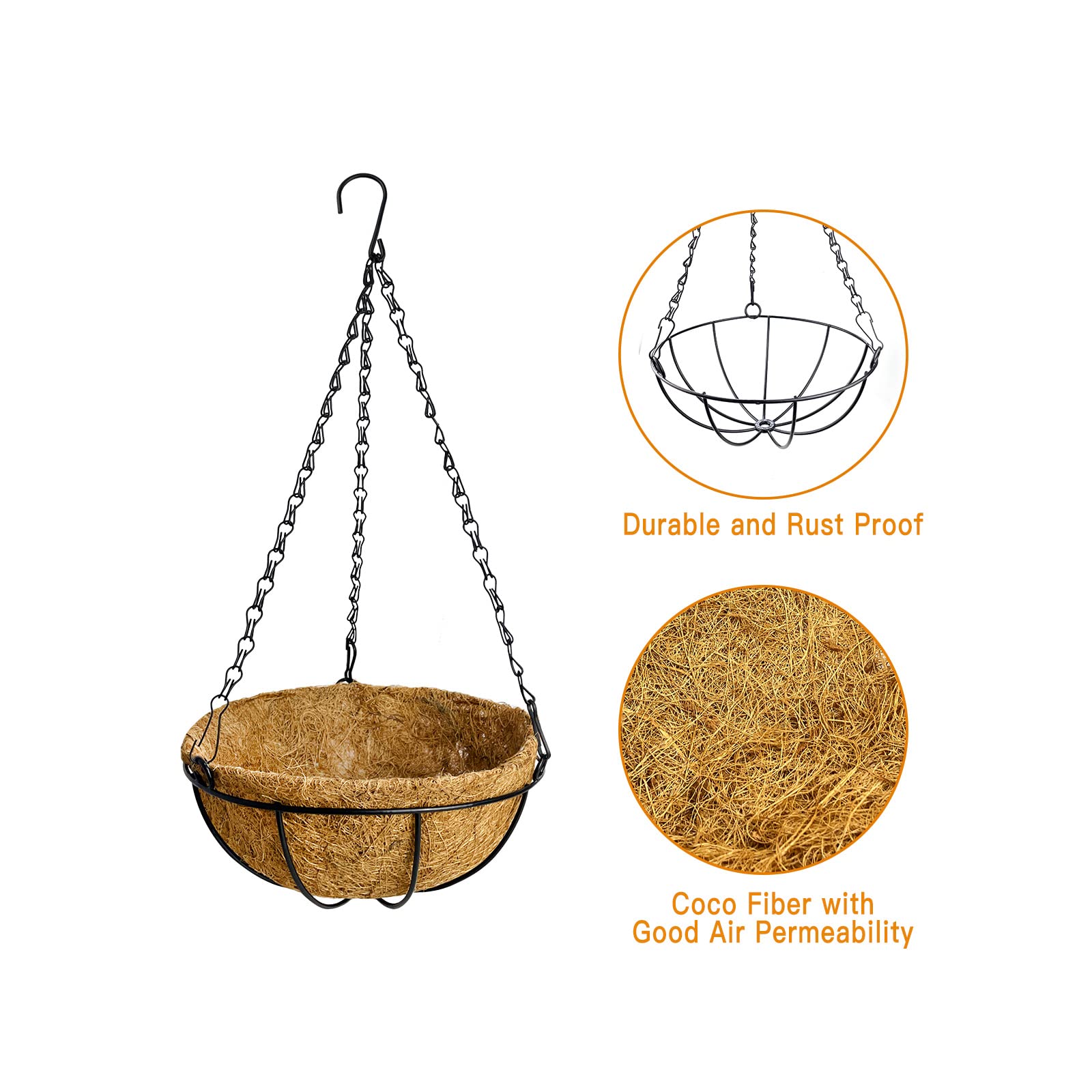 Hanging Baskets Coconut Palm Flower Basket Moss Hanging Basket Round Plant Holder Porch Decor Hanging Flower Pots Home Garden Decoration Watering Hanging Baskets (2pcs, 12inch/30cm)