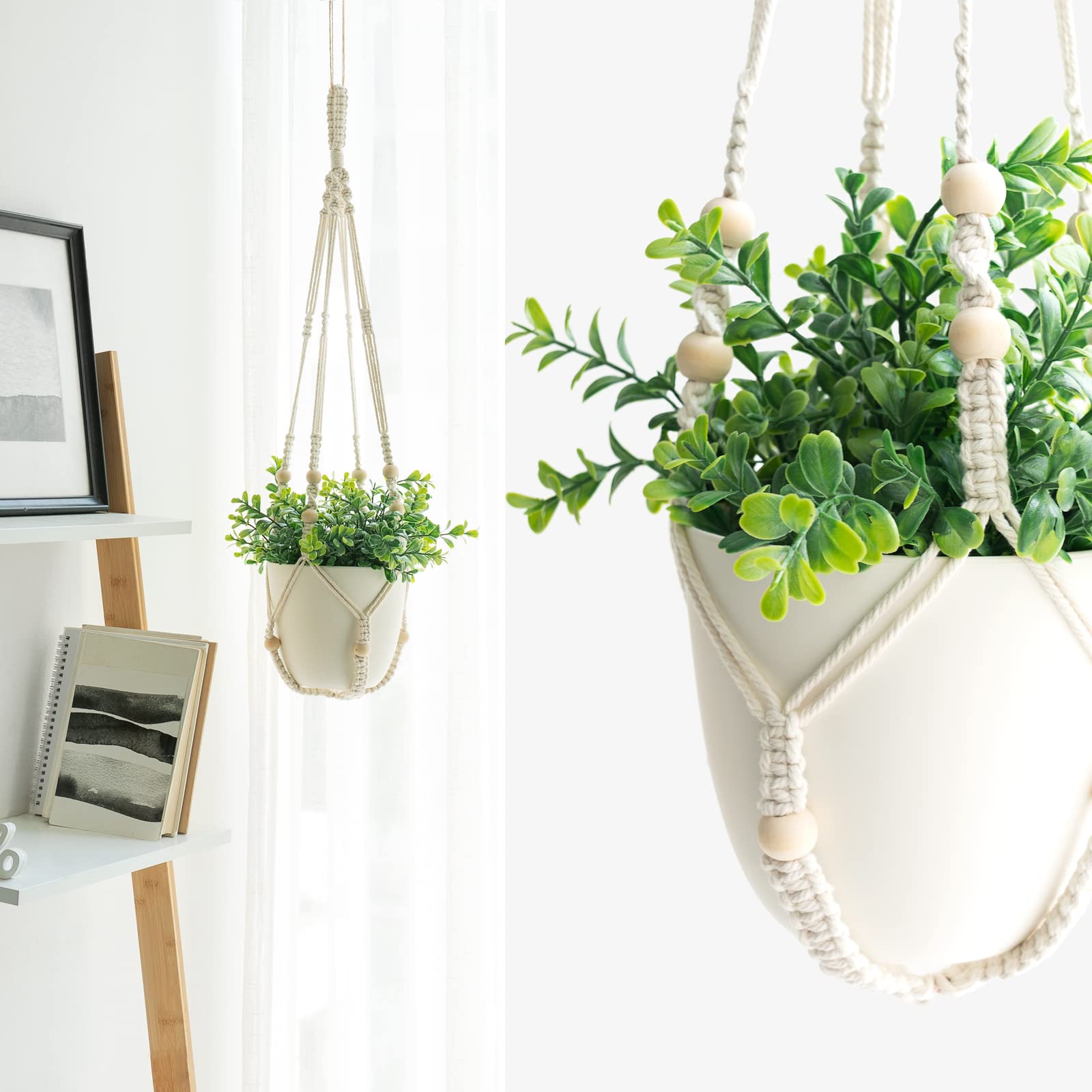 Mkouo 3 Pack Macrame Plant Hangers Indoor Hanging Planter Basket Flower Pot Holder Cotton Rope with Beads No Tassels, 58cm/73cm/89cm