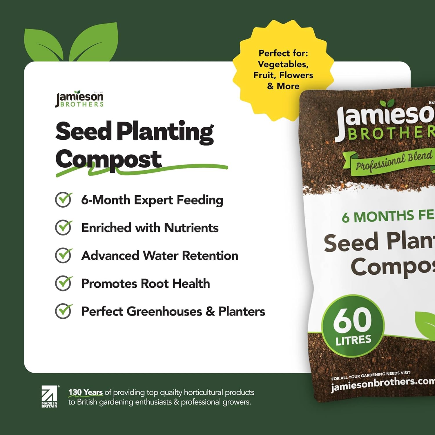 Seed Sowing, Cutting & Planting Compost 60L - Specially Formulated For Germinating Seedlings & Planting Cuttings - Professional Blend which has 6 months feeding as standard - By Jamieson Brothers