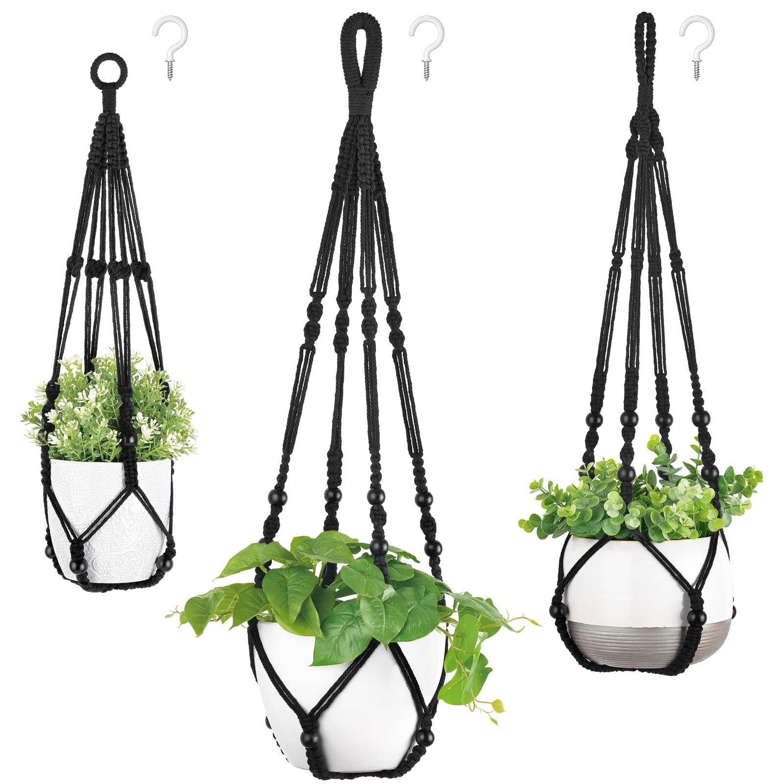 Mkouo 3 Pack Macrame Plant Hangers Indoor Hanging Planter Basket Flower Pot Holder Cotton Rope with Beads No Tassels, 58cm/73cm/89cm