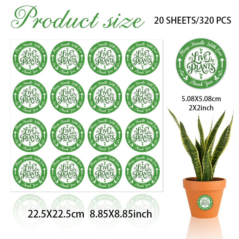 320 Pcs Green Live Plants Stickers, 5 CM Please Handle with Love Stickers Fragile Thank You Shipping Labels Round Self-Adhesive Lables for Garden Plants Landscaping Containers