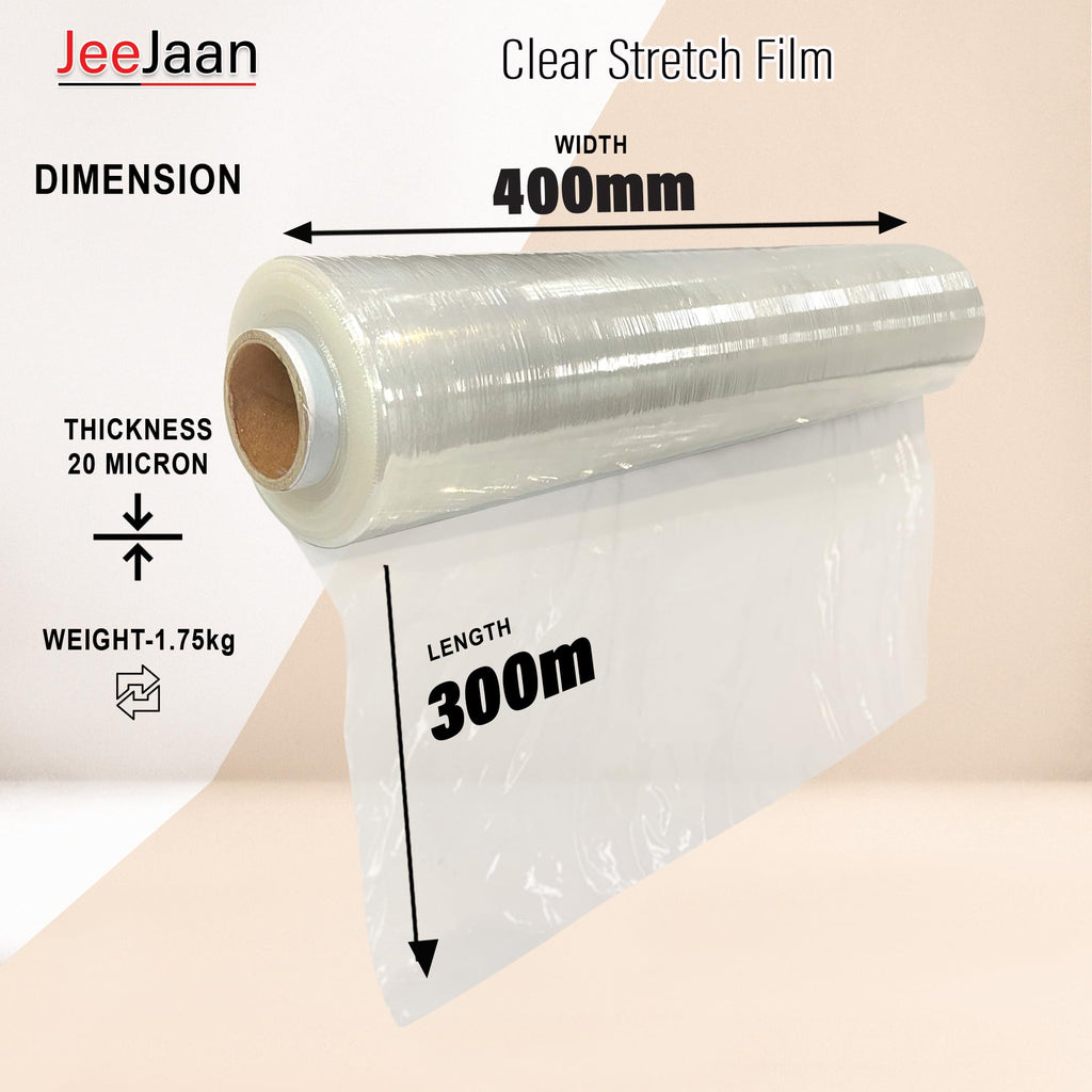 JeeJaan® 6 Rolls Clear Mini Handy Shrink Wrap 100mm x 150m 17mu - Extended Core Self-Adhering Pallet Stretch Wrapper - Heavy Duty Plastic Wrap for Moving House Furniture Wrapping Film
