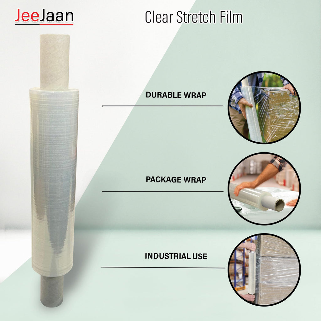JeeJaan® 6 Rolls Clear Mini Handy Shrink Wrap 100mm x 150m 17mu - Extended Core Self-Adhering Pallet Stretch Wrapper - Heavy Duty Plastic Wrap for Moving House Furniture Wrapping Film
