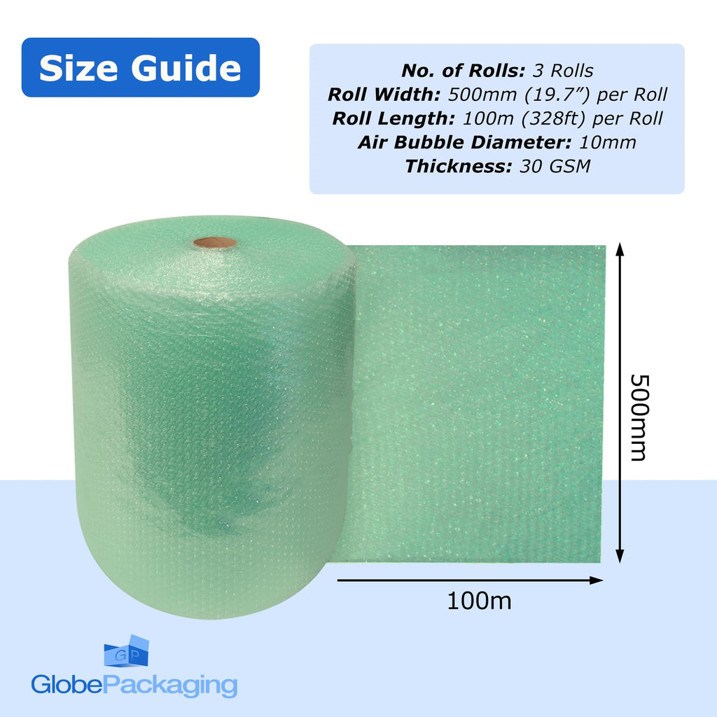 Globe Packaging 500mm x 50m Green Biodegradable Bubble Wrap Roll with Small Air Bubbles - Cushioning & Protection Packaging for Moving House, Ecommerce and Storage