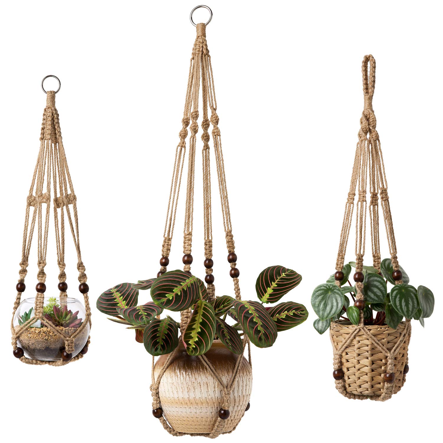 Mkouo 3 Pack Macrame Plant Hangers Indoor Hanging Planter Basket Flower Pot Holder Cotton Rope with Beads No Tassels, 58cm/73cm/89cm