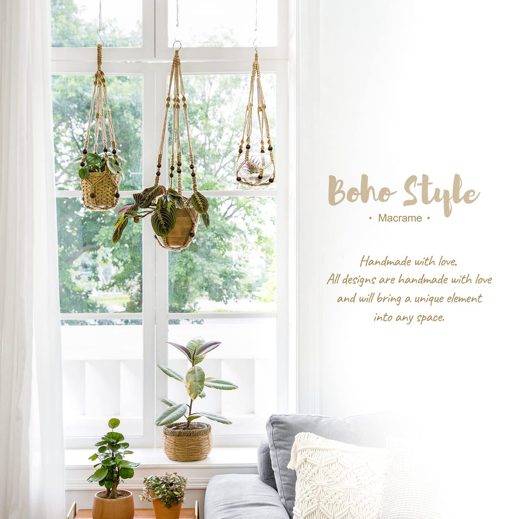 Mkouo 3 Pack Macrame Plant Hangers Indoor Hanging Planter Basket Flower Pot Holder Cotton Rope with Beads No Tassels, 58cm/73cm/89cm