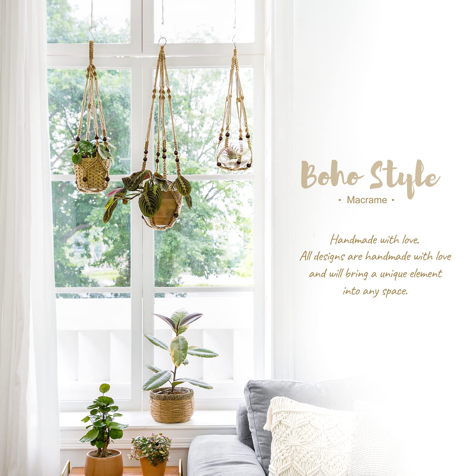 Mkouo 3 Pack Macrame Plant Hangers Indoor Hanging Planter Basket Flower Pot Holder Cotton Rope with Beads No Tassels, 58cm/73cm/89cm