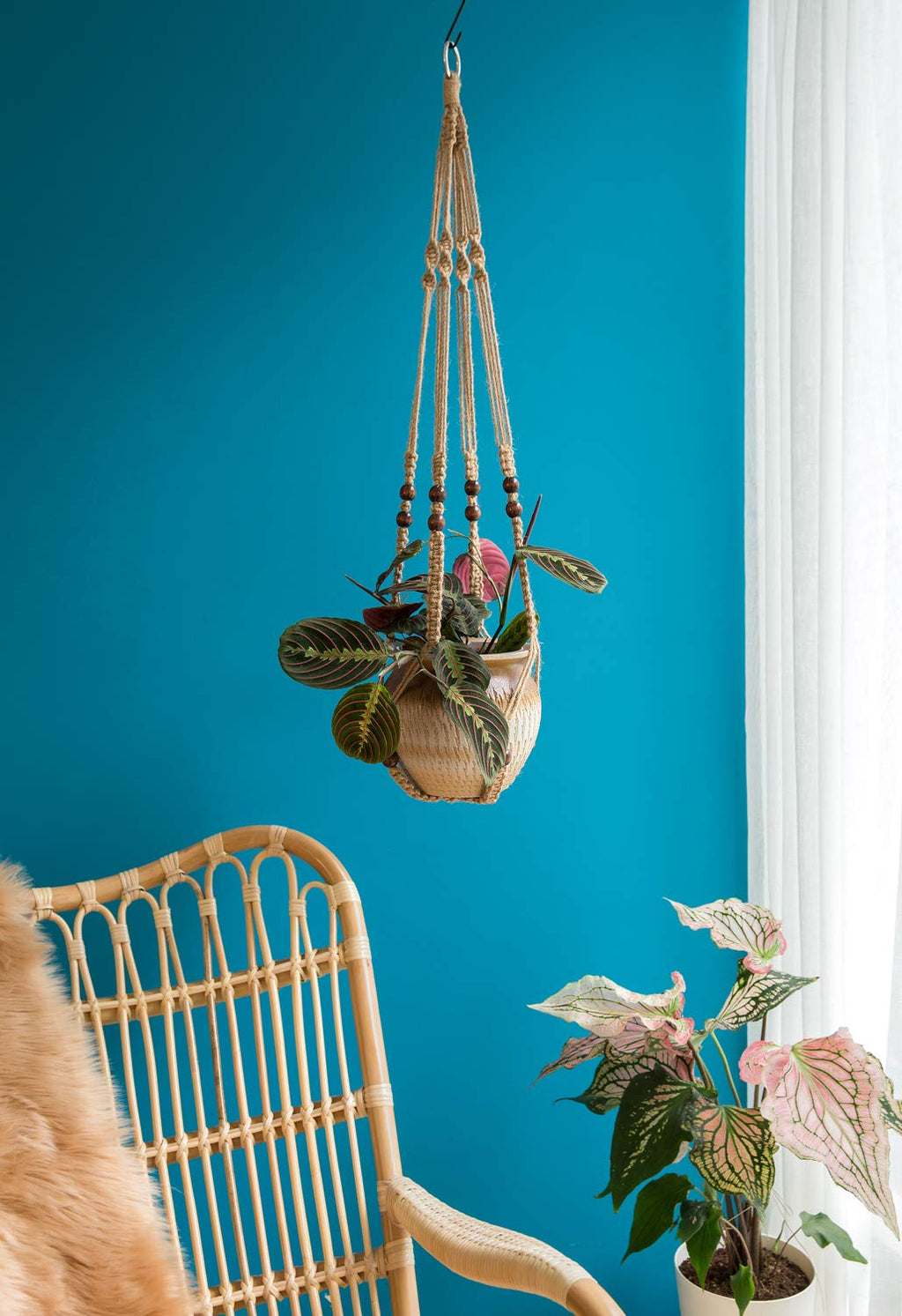 Mkouo 3 Pack Macrame Plant Hangers Indoor Hanging Planter Basket Flower Pot Holder Cotton Rope with Beads No Tassels, 58cm/73cm/89cm