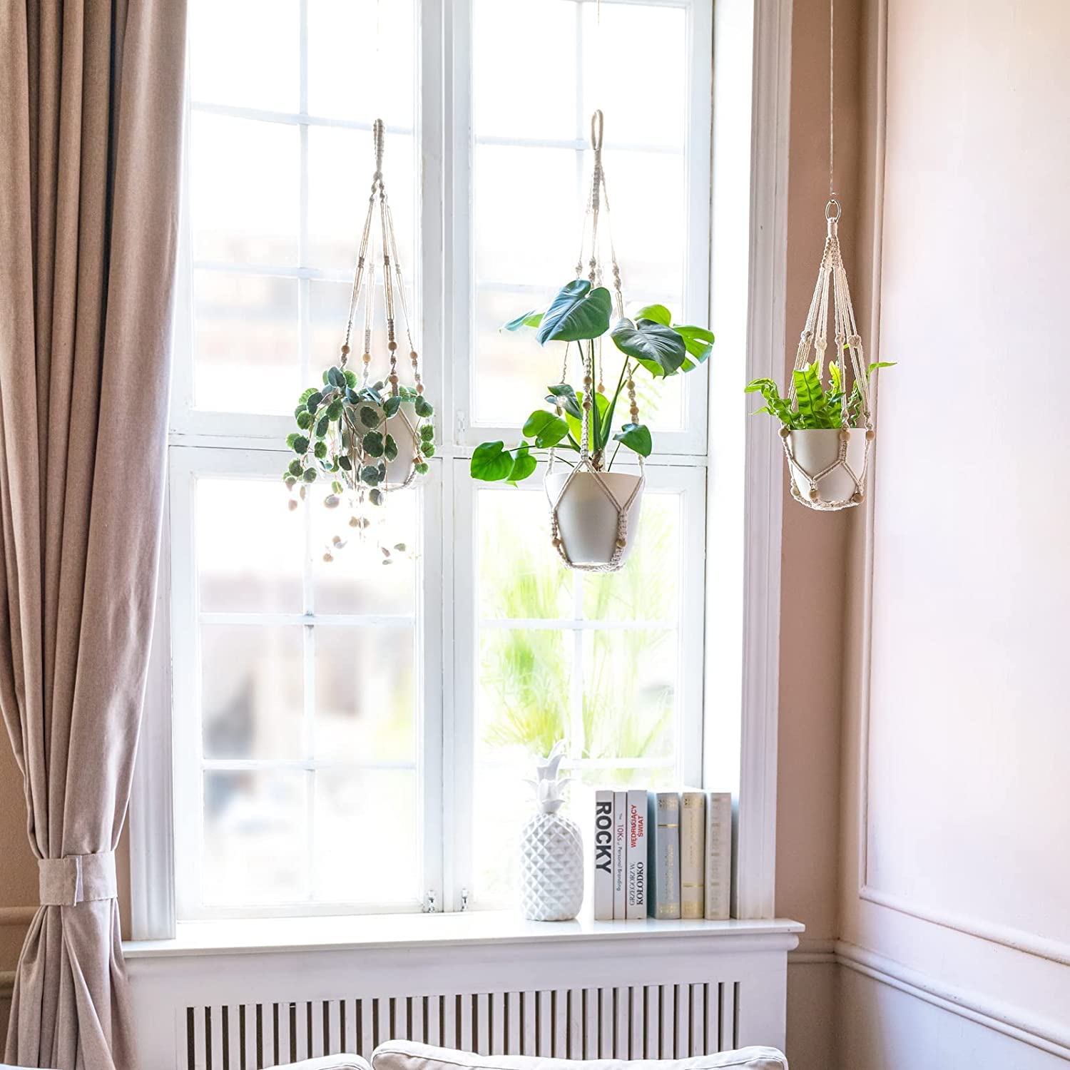Mkouo 3 Pack Macrame Plant Hangers Indoor Hanging Planter Basket Flower Pot Holder Cotton Rope with Beads No Tassels, 58cm/73cm/89cm