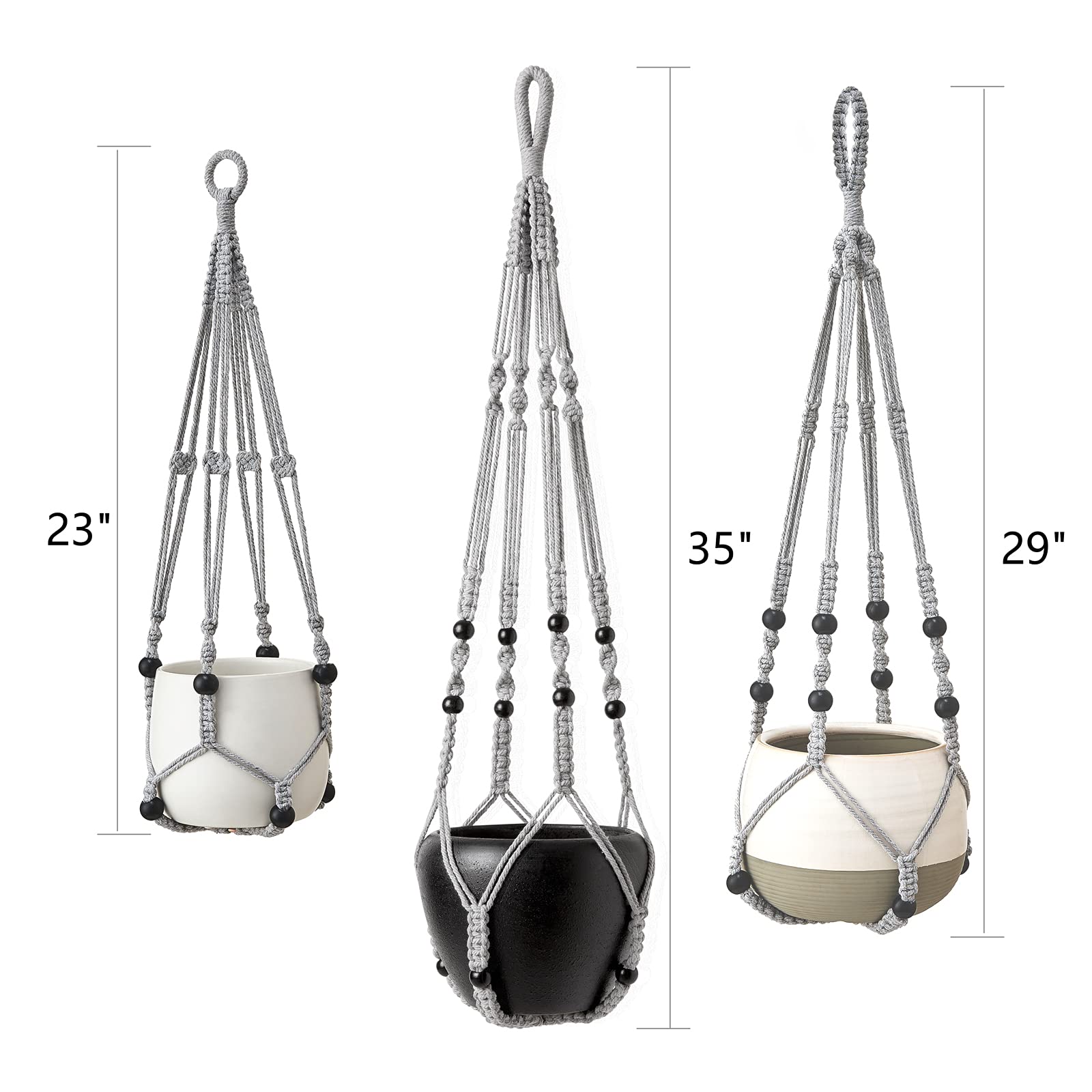 Mkouo 3 Pack Macrame Plant Hangers Indoor Hanging Planter Basket Flower Pot Holder Cotton Rope with Beads No Tassels, 58cm/73cm/89cm