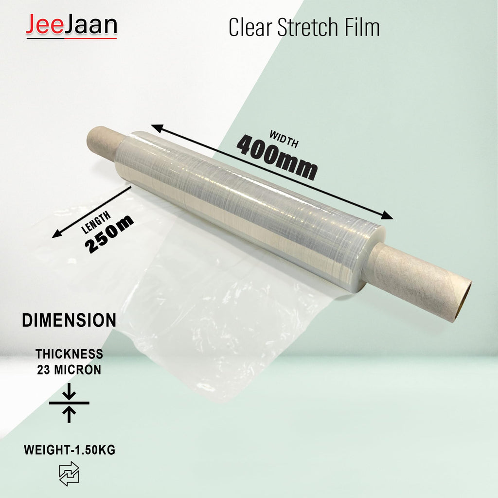 JeeJaan® 6 Rolls Clear Mini Handy Shrink Wrap 100mm x 150m 17mu - Extended Core Self-Adhering Pallet Stretch Wrapper - Heavy Duty Plastic Wrap for Moving House Furniture Wrapping Film