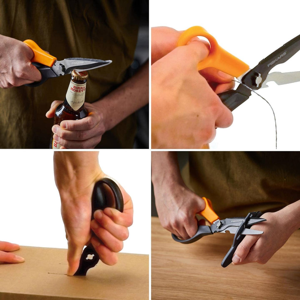 Fiskars Cuts + More Multi-tool Scissors, Includes Protective Case With Scissor Sharpener, Length: 23 cm, Titanium Coating, Stainless Steel Blade/Plastic Handles, Black/Orange, 1000809