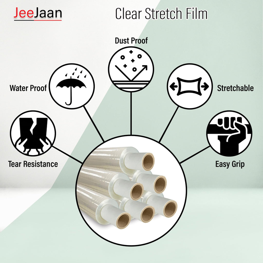 JeeJaan® 6 Rolls Clear Mini Handy Shrink Wrap 100mm x 150m 17mu - Extended Core Self-Adhering Pallet Stretch Wrapper - Heavy Duty Plastic Wrap for Moving House Furniture Wrapping Film