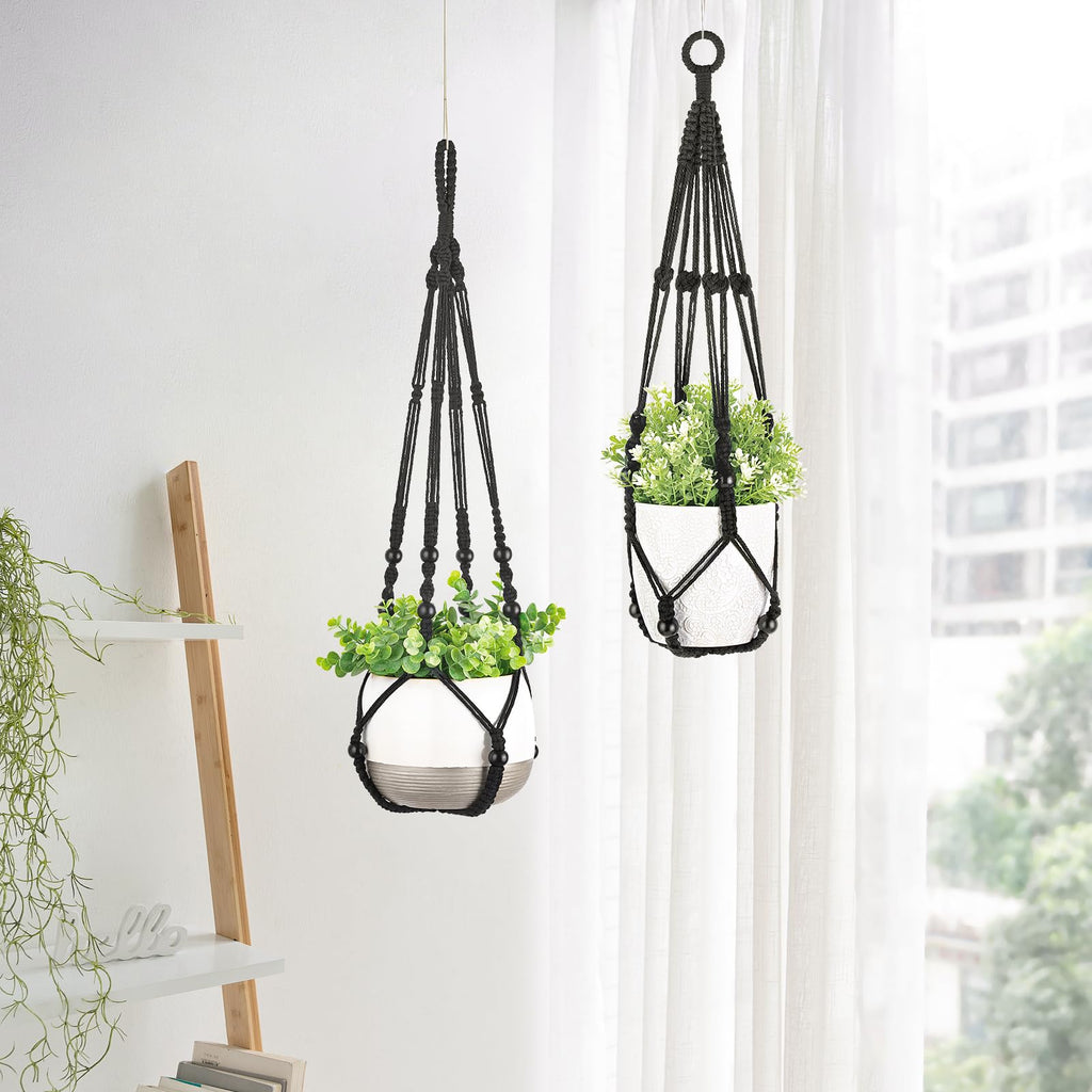 Mkouo 3 Pack Macrame Plant Hangers Indoor Hanging Planter Basket Flower Pot Holder Cotton Rope with Beads No Tassels, 58cm/73cm/89cm