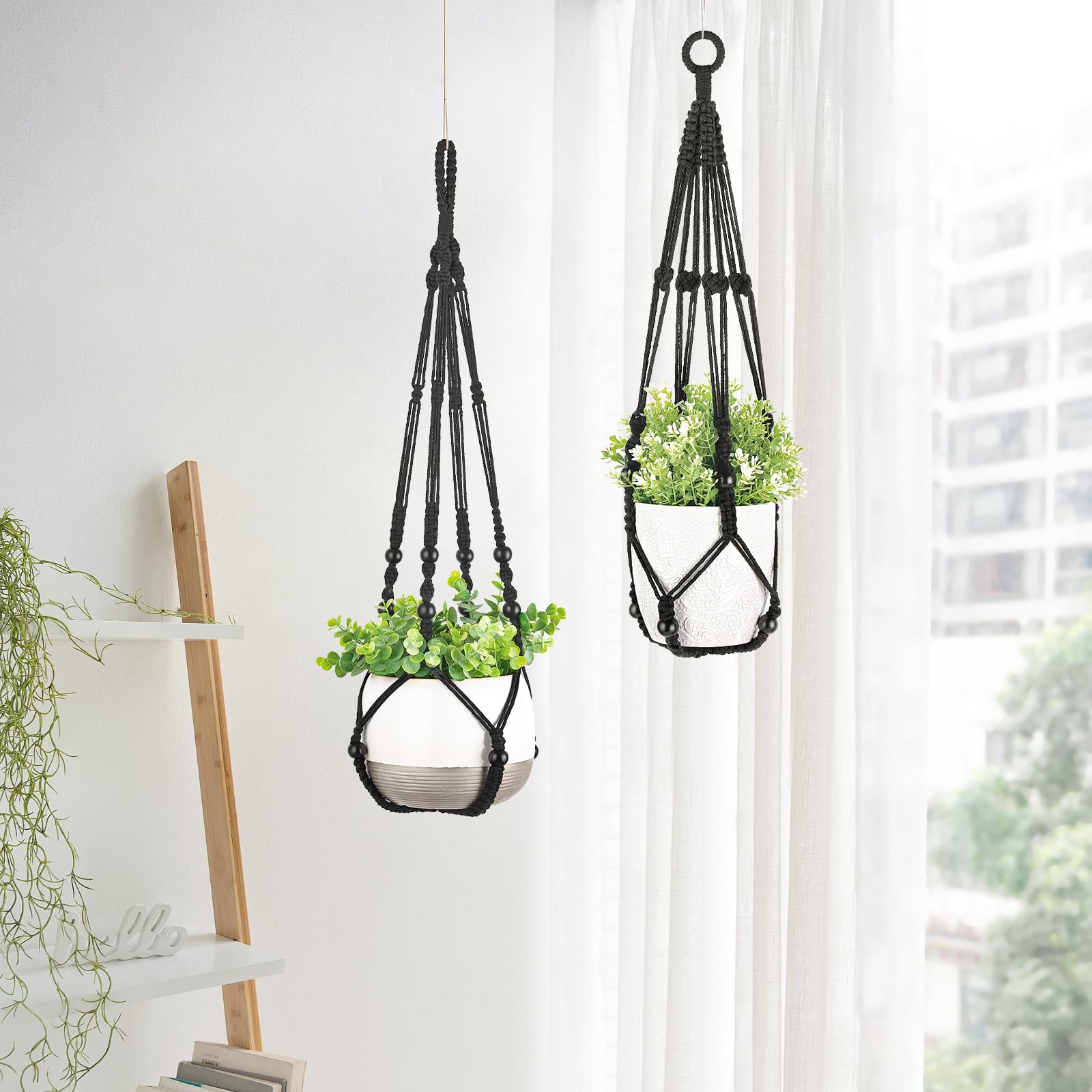 Mkouo 3 Pack Macrame Plant Hangers Indoor Hanging Planter Basket Flower Pot Holder Cotton Rope with Beads No Tassels, 58cm/73cm/89cm