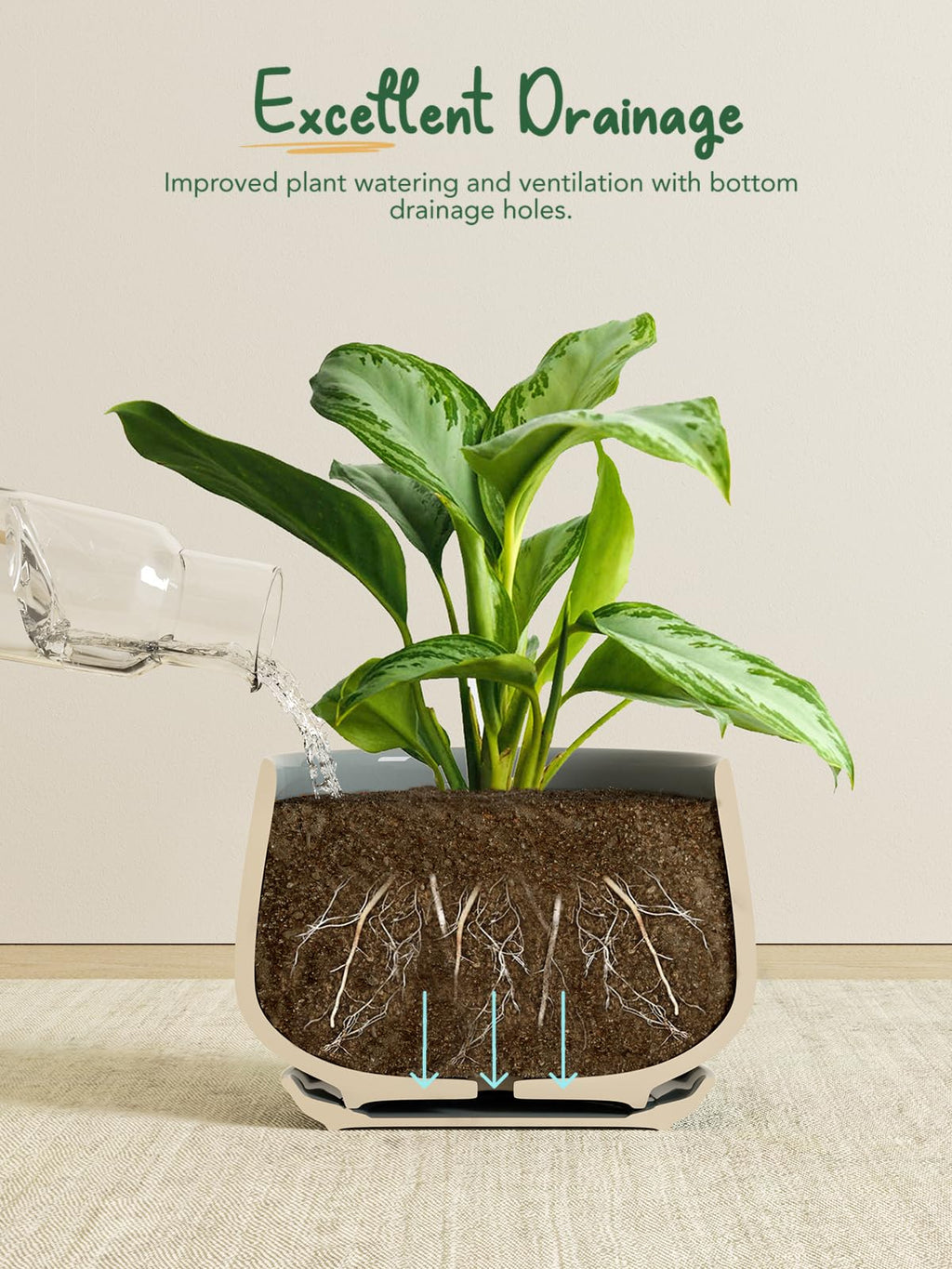 LE TAUCI Plant Pots, 10+13+16 cm Planters, Set of 3 Ceramic Planters with Drainage Hole and Saucer, Indoor Plant Pot with Hole Mesh Pad, Gifts for Mom, Sapphire Blue