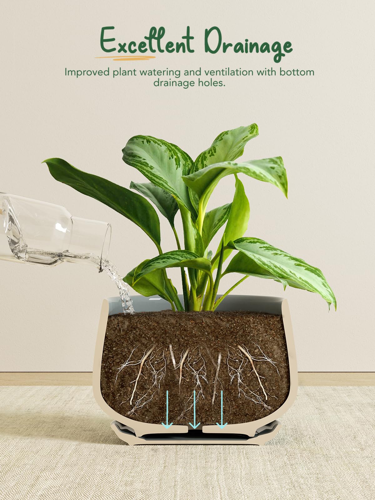 LE TAUCI Plant Pots, 10+13+16 cm Planters, Set of 3 Ceramic Planters with Drainage Hole and Saucer, Indoor Plant Pot with Hole Mesh Pad, Gifts for Mom, Sapphire Blue