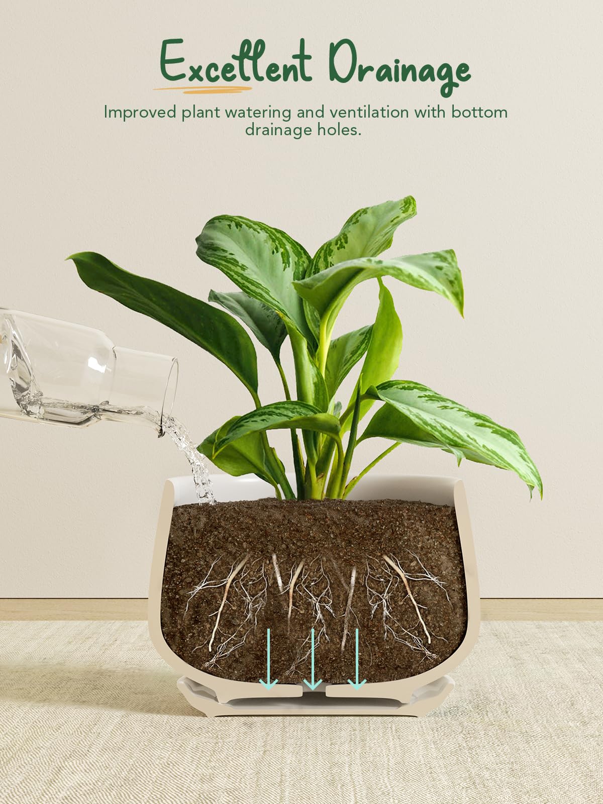 LE TAUCI Plant Pots, 10+13+16 cm Planters, Set of 3 Ceramic Planters with Drainage Hole and Saucer, Indoor Plant Pot with Hole Mesh Pad, Gifts for Mom, Sapphire Blue