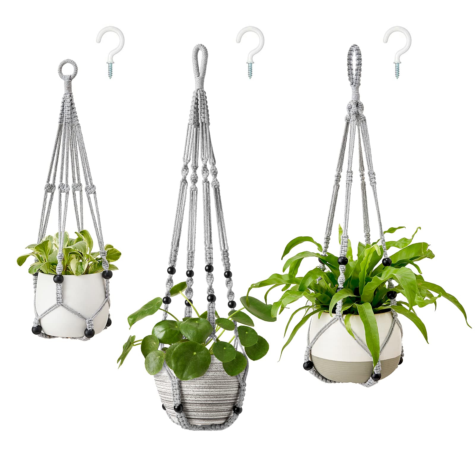Mkouo 3 Pack Macrame Plant Hangers Indoor Hanging Planter Basket Flower Pot Holder Cotton Rope with Beads No Tassels, 58cm/73cm/89cm