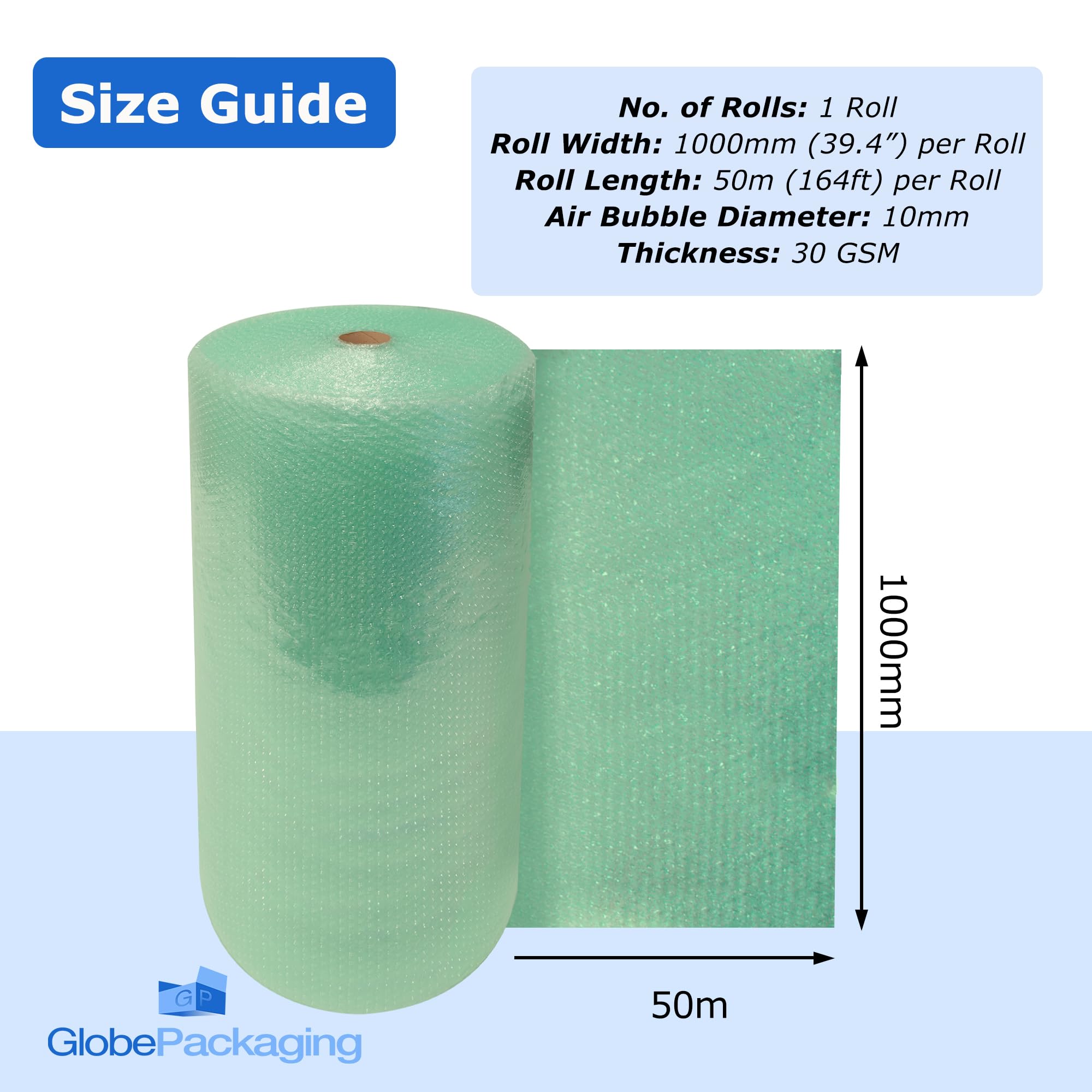 Globe Packaging 500mm x 50m Green Biodegradable Bubble Wrap Roll with Small Air Bubbles - Cushioning & Protection Packaging for Moving House, Ecommerce and Storage