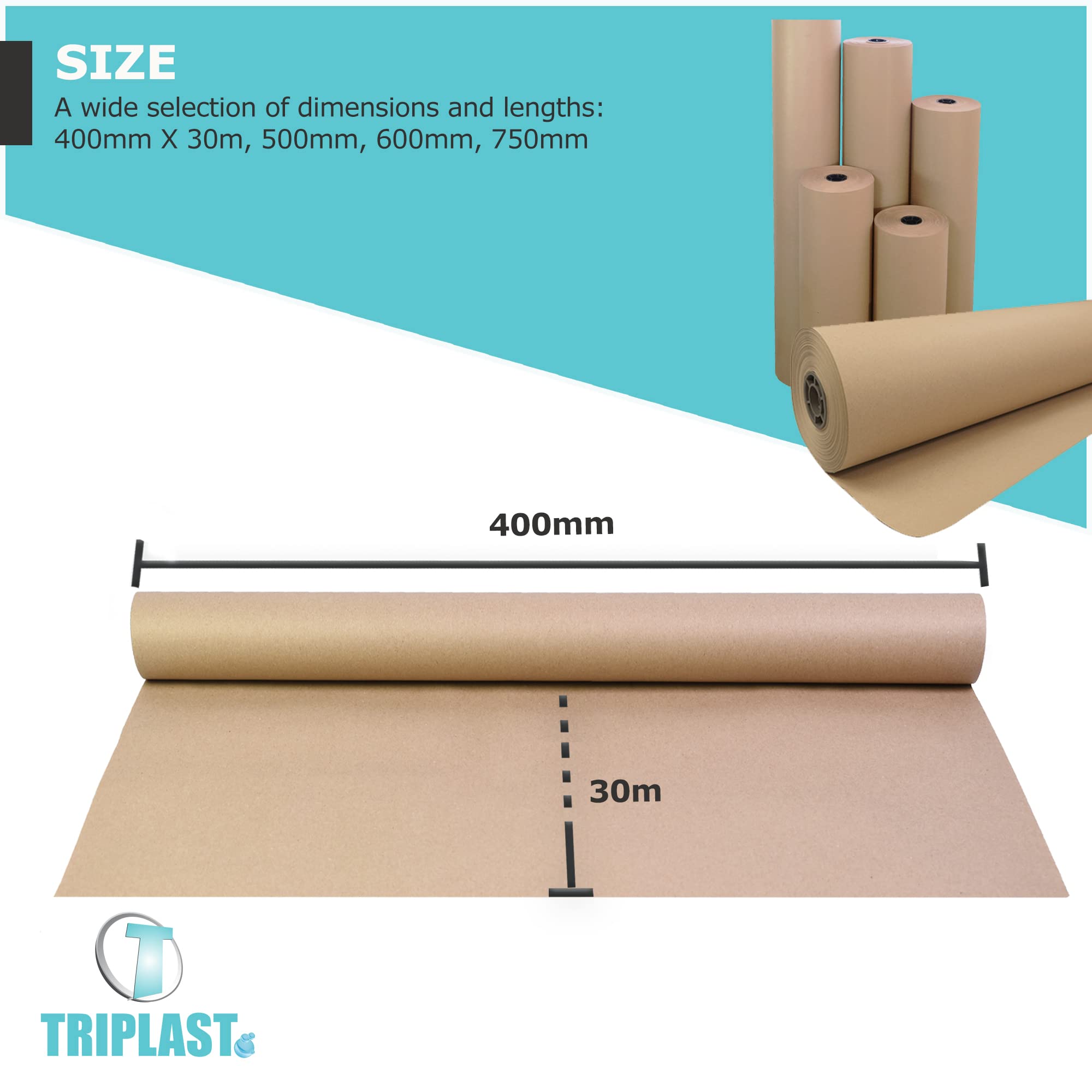 Triplast Brown ECO Kraft Paper (400mm x 30m) - Eco-Conscious & Recyclable - Multipurpose Wrapping Paper Roll with a Premium & Rustic Finish - Ideal for Gift Wrapping, Parcel Packing, Arts & Craft