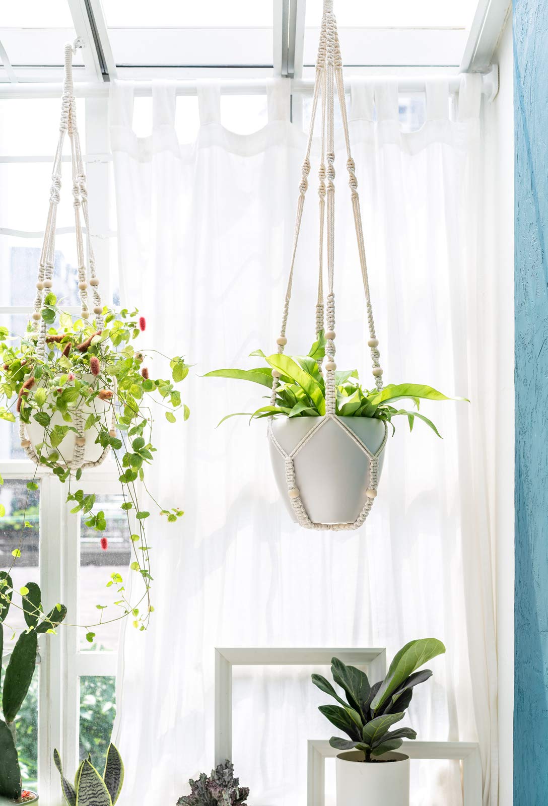 Mkouo 3 Pack Macrame Plant Hangers Indoor Hanging Planter Basket Flower Pot Holder Cotton Rope with Beads No Tassels, 58cm/73cm/89cm