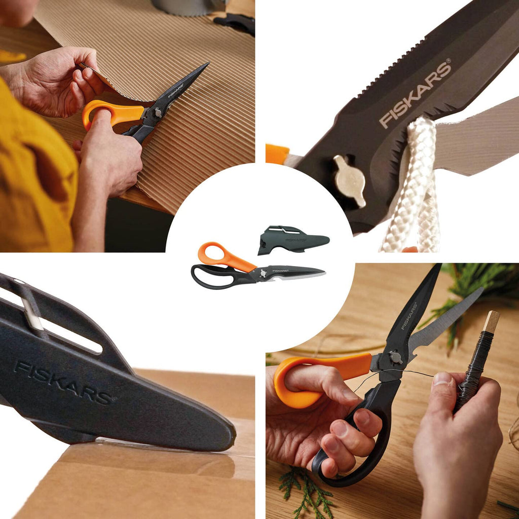 Fiskars Cuts + More Multi-tool Scissors, Includes Protective Case With Scissor Sharpener, Length: 23 cm, Titanium Coating, Stainless Steel Blade/Plastic Handles, Black/Orange, 1000809