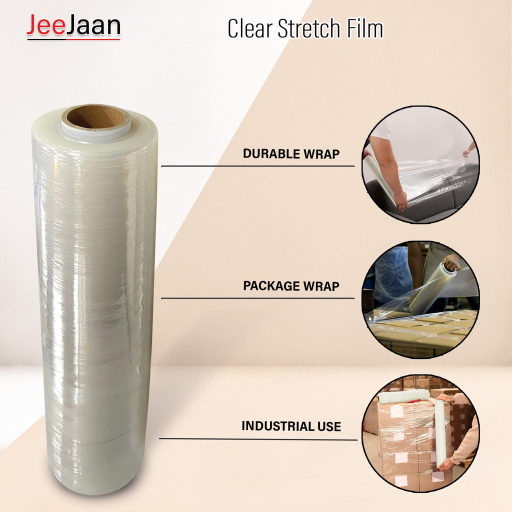 JeeJaan® 6 Rolls Clear Mini Handy Shrink Wrap 100mm x 150m 17mu - Extended Core Self-Adhering Pallet Stretch Wrapper - Heavy Duty Plastic Wrap for Moving House Furniture Wrapping Film