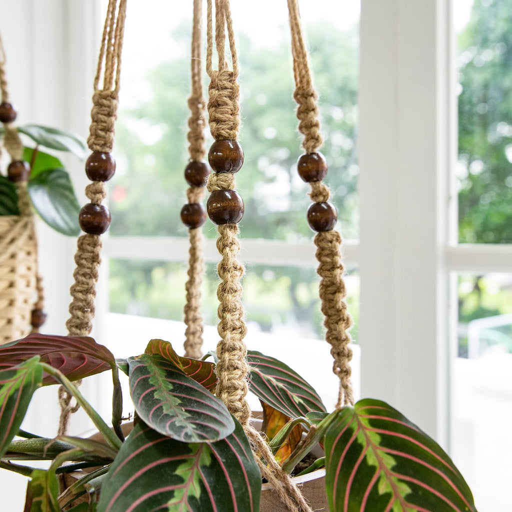 Mkouo 3 Pack Macrame Plant Hangers Indoor Hanging Planter Basket Flower Pot Holder Cotton Rope with Beads No Tassels, 58cm/73cm/89cm