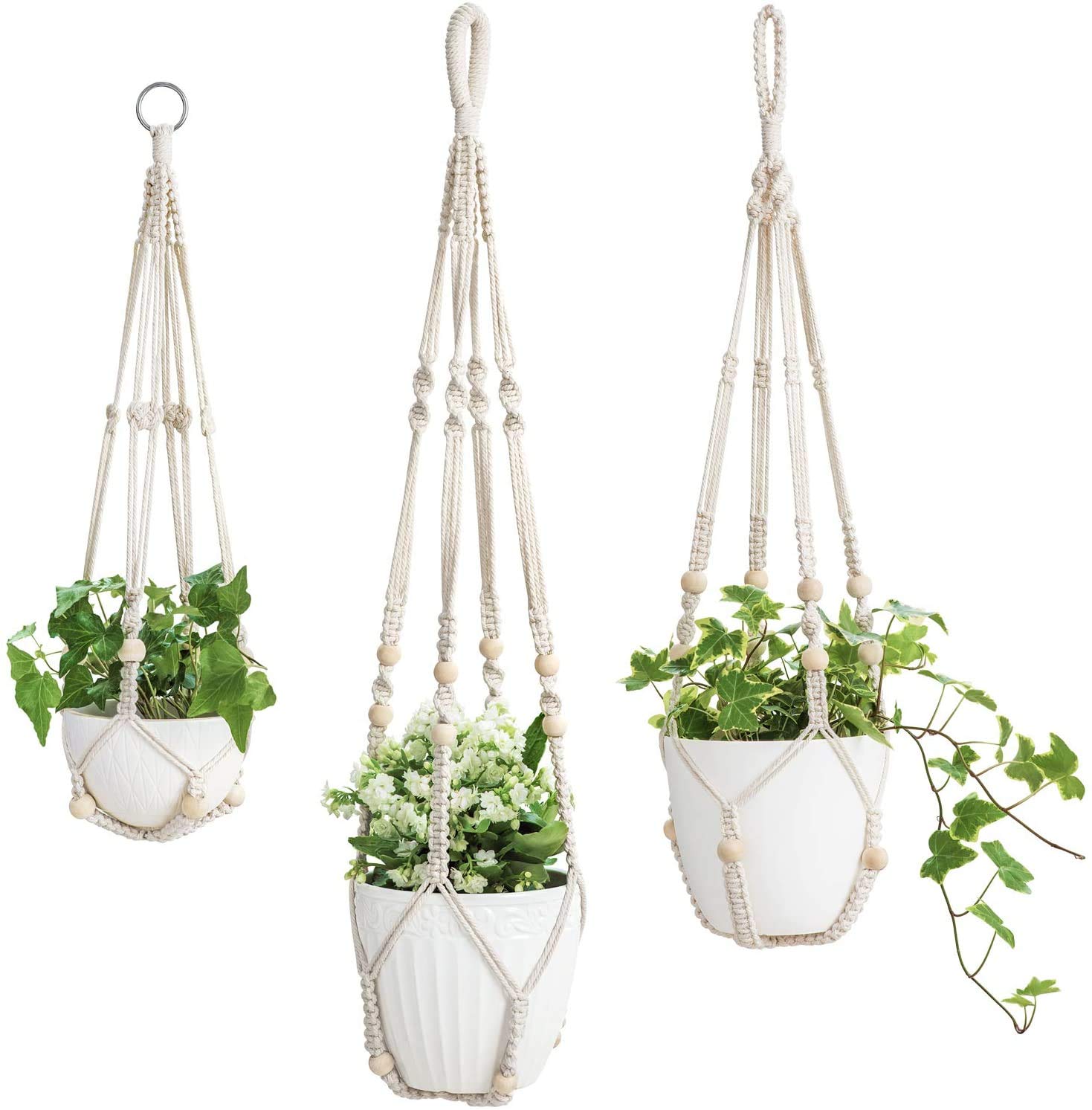 Mkouo 3 Pack Macrame Plant Hangers Indoor Hanging Planter Basket Flower Pot Holder Cotton Rope with Beads No Tassels, 58cm/73cm/89cm
