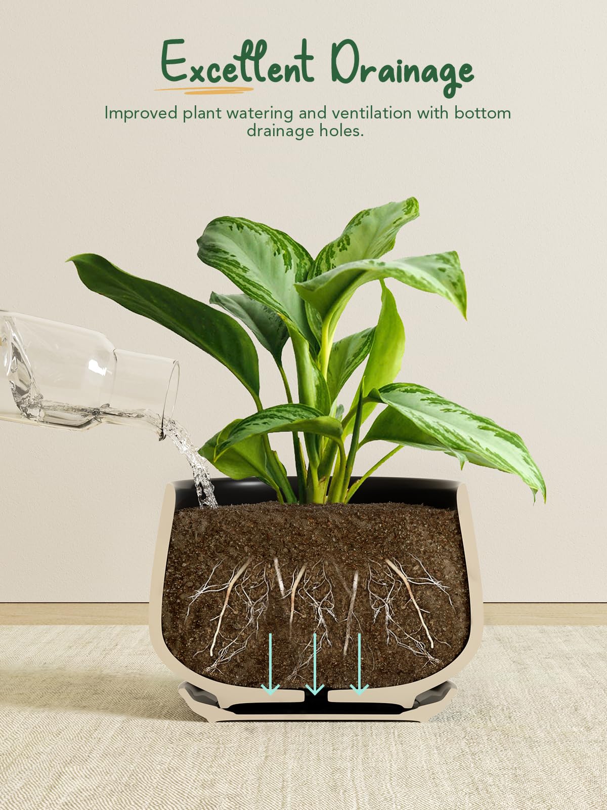 LE TAUCI Plant Pots, 10+13+16 cm Planters, Set of 3 Ceramic Planters with Drainage Hole and Saucer, Indoor Plant Pot with Hole Mesh Pad, Gifts for Mom, Sapphire Blue