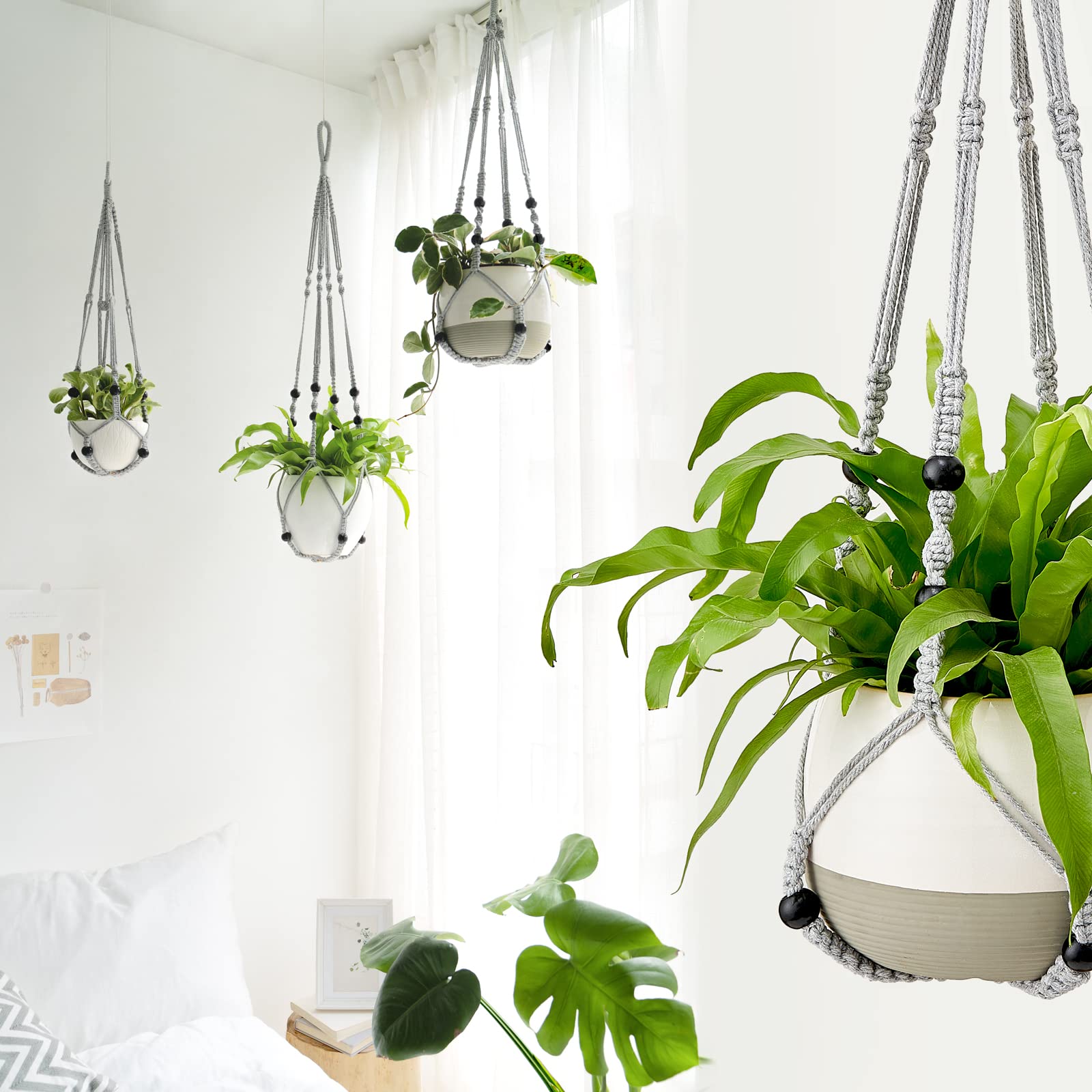 Mkouo 3 Pack Macrame Plant Hangers Indoor Hanging Planter Basket Flower Pot Holder Cotton Rope with Beads No Tassels, 58cm/73cm/89cm